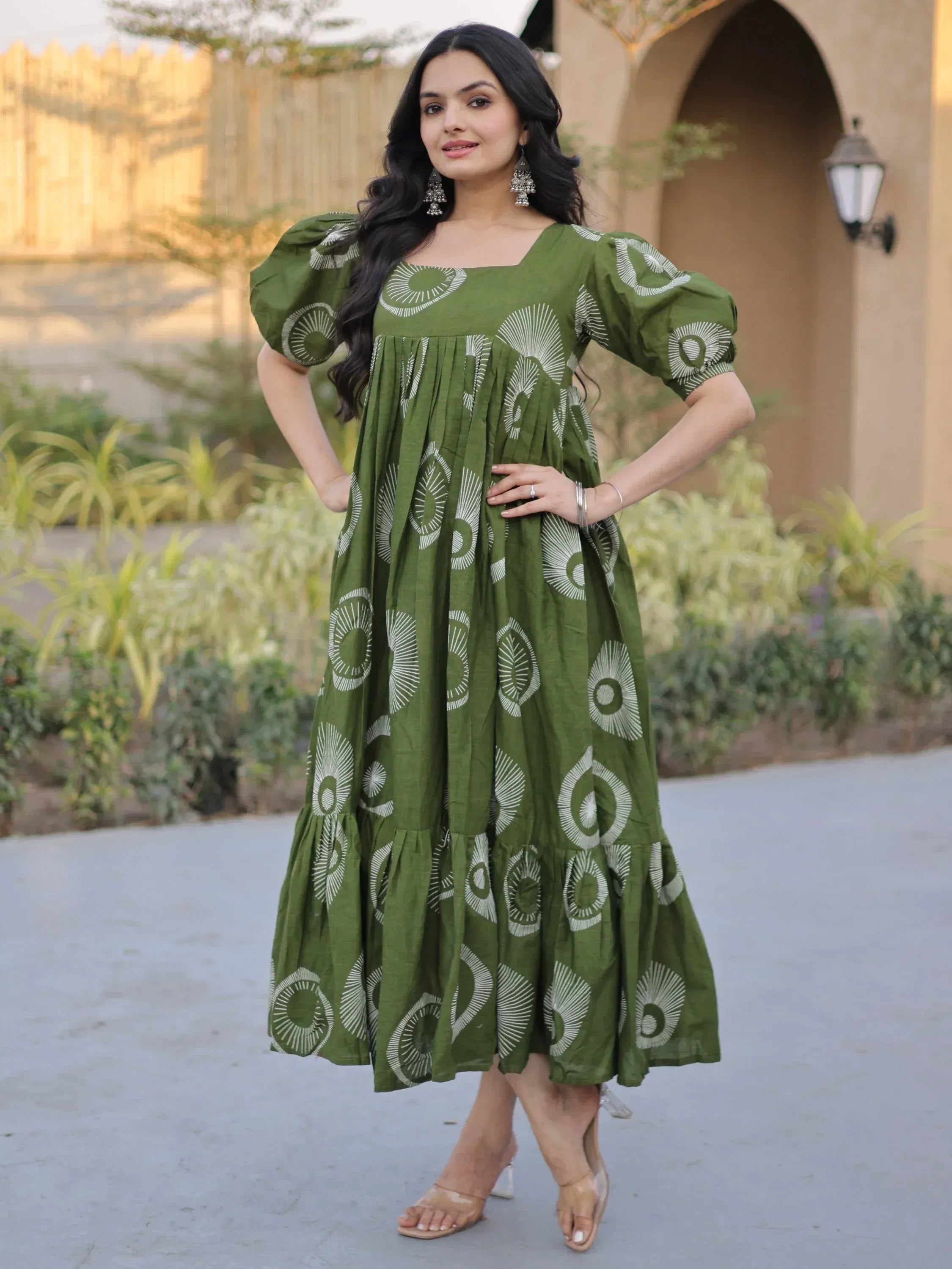 Exclusive Green Printed Cotton Casual Wear Dress