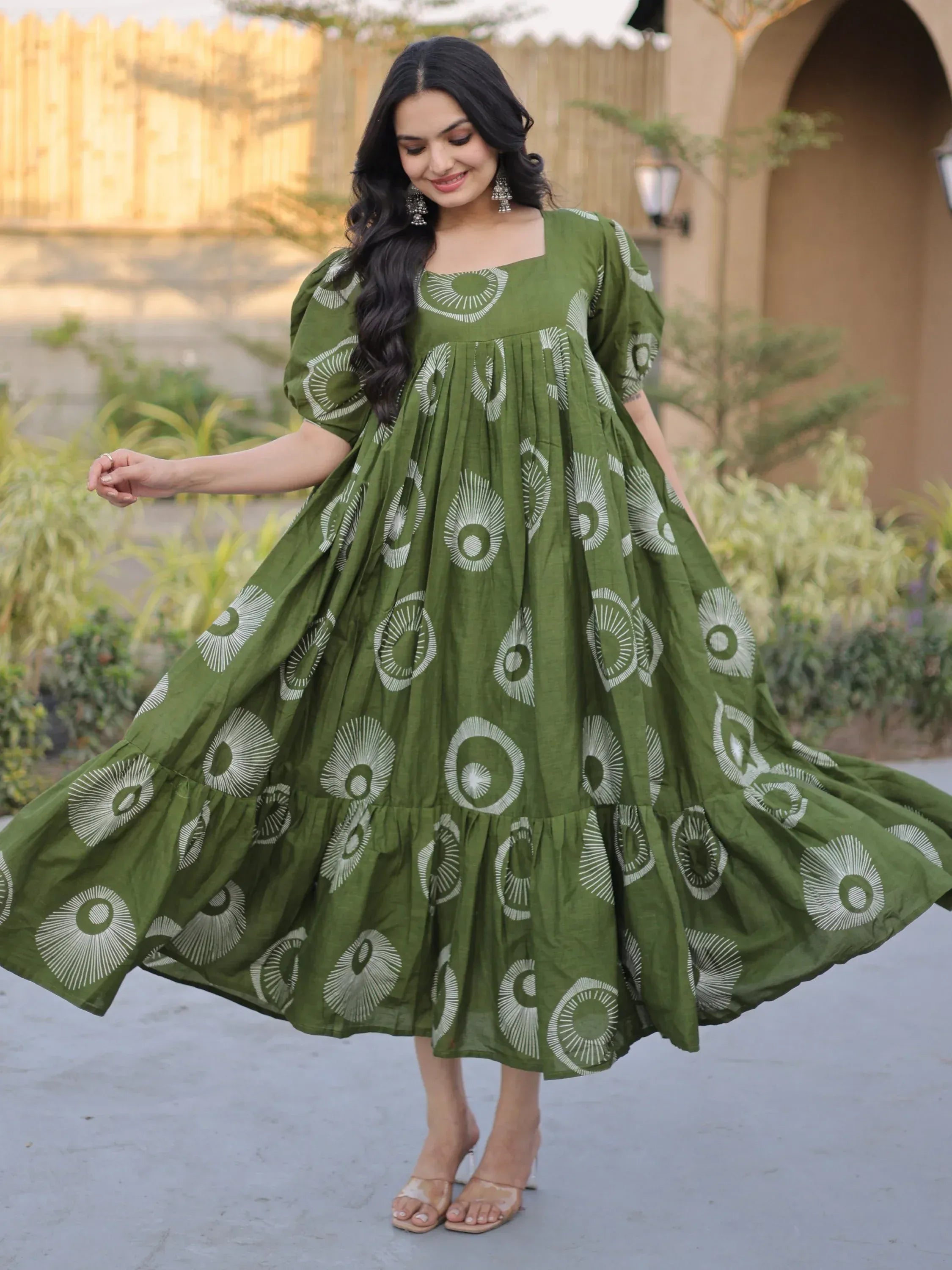 Exclusive Green Printed Cotton Casual Wear Dress