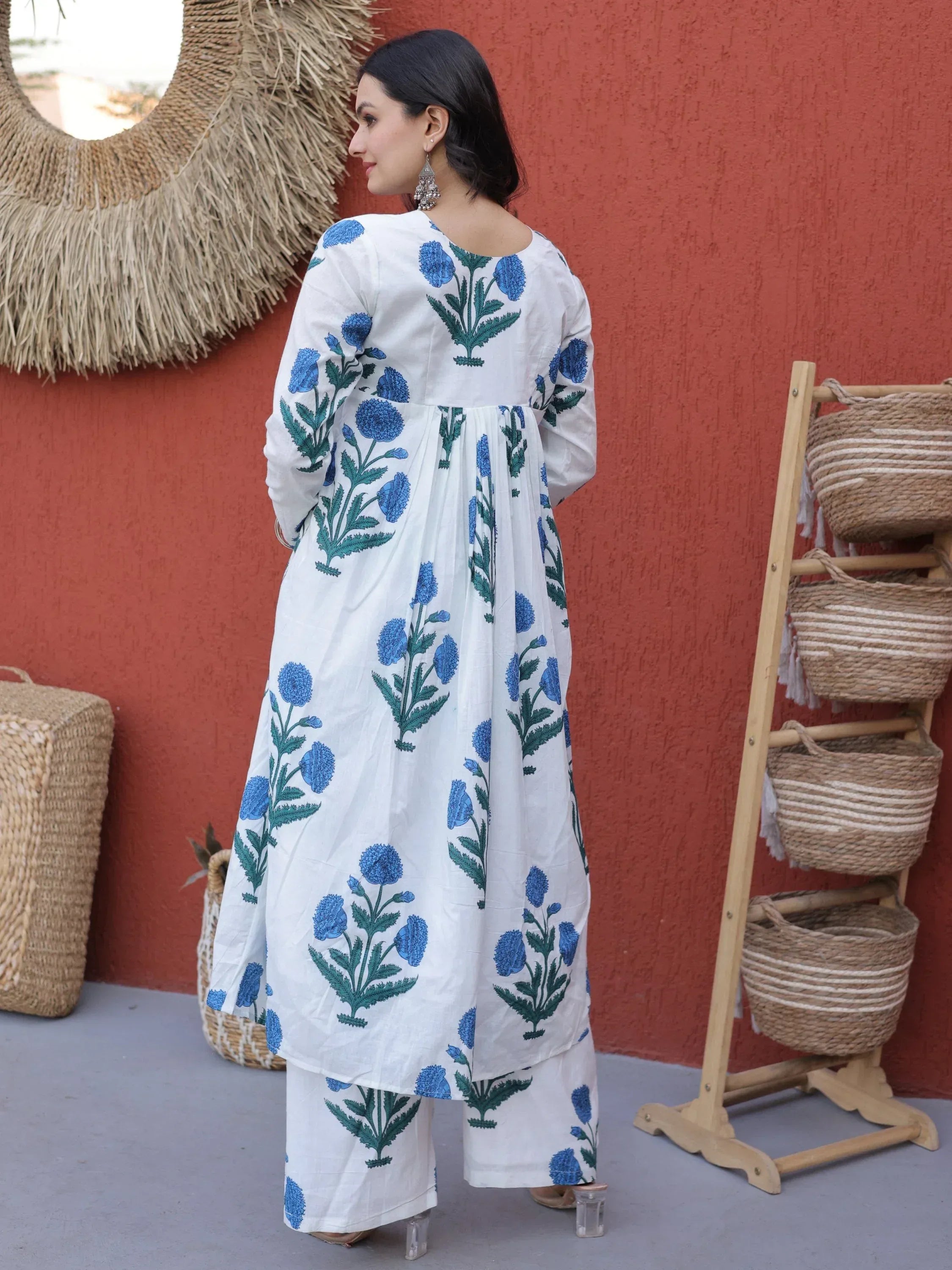 Beautiful Sky Blue Floral Printed Cotton Daily Wear Kurti With Pant