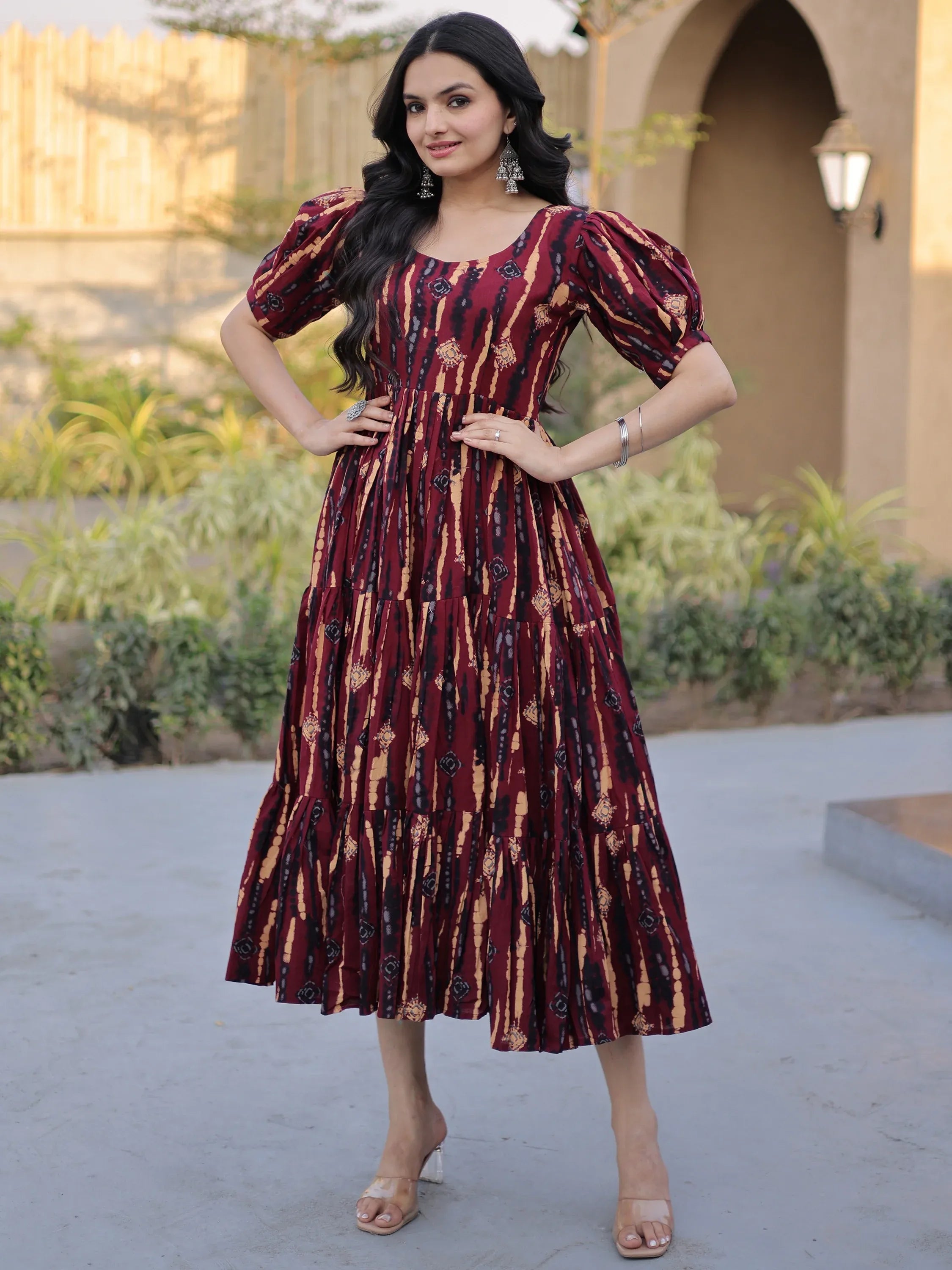Fantastic Maroon Printed Cotton Casual Wear Dress