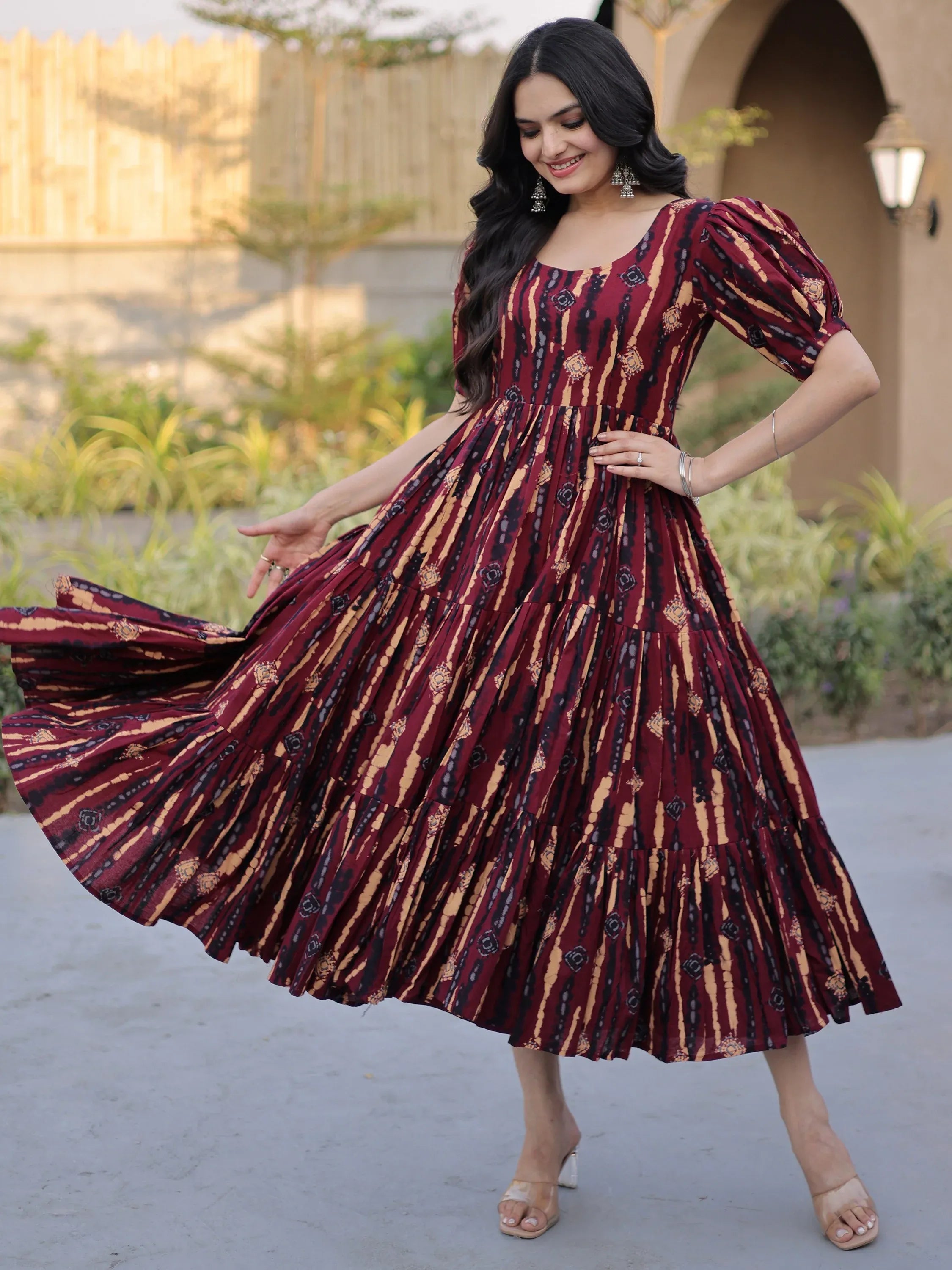 Fantastic Maroon Printed Cotton Casual Wear Dress