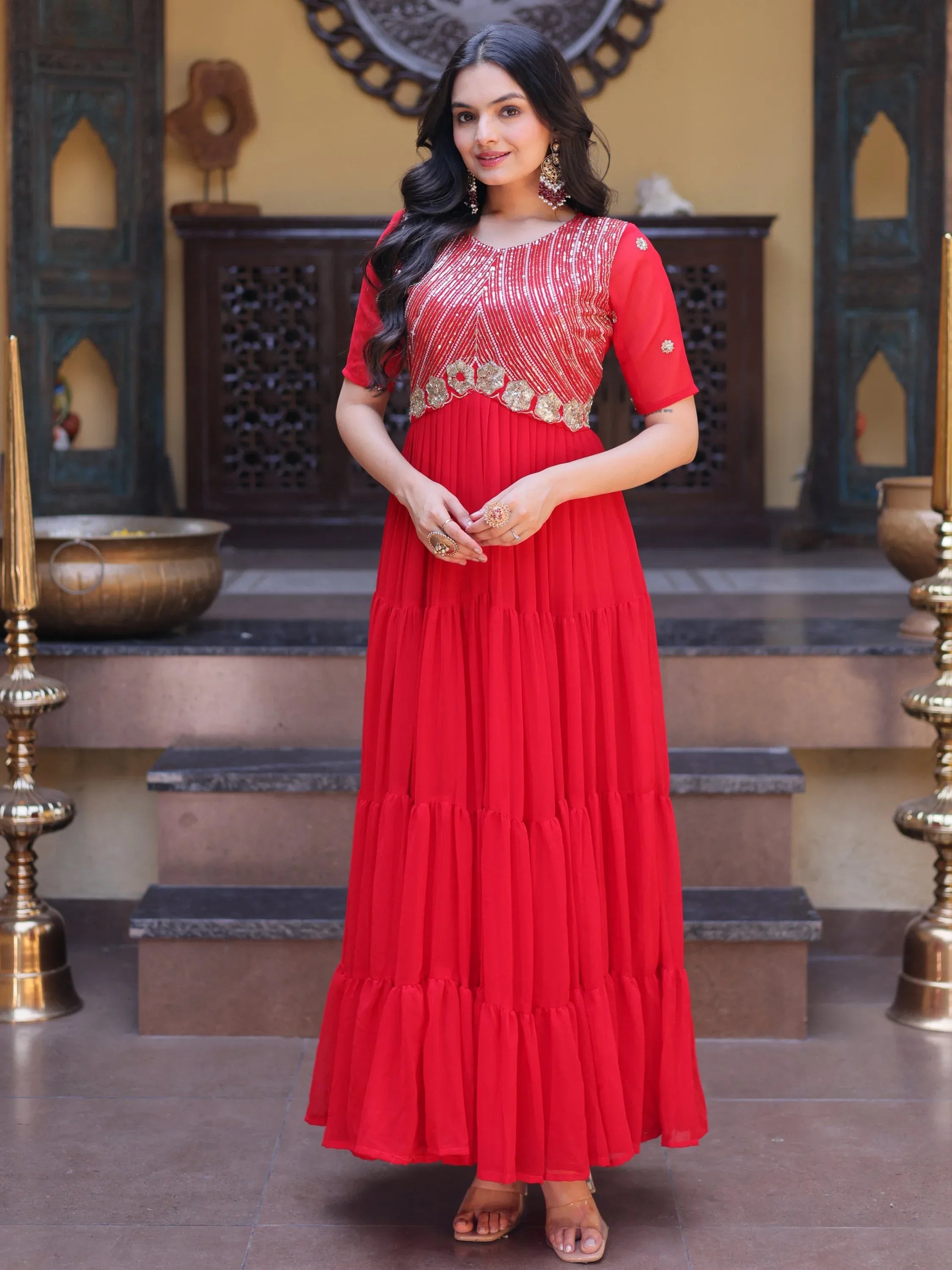 Lovable Red Sequins Georgette Wedding Wear Gown