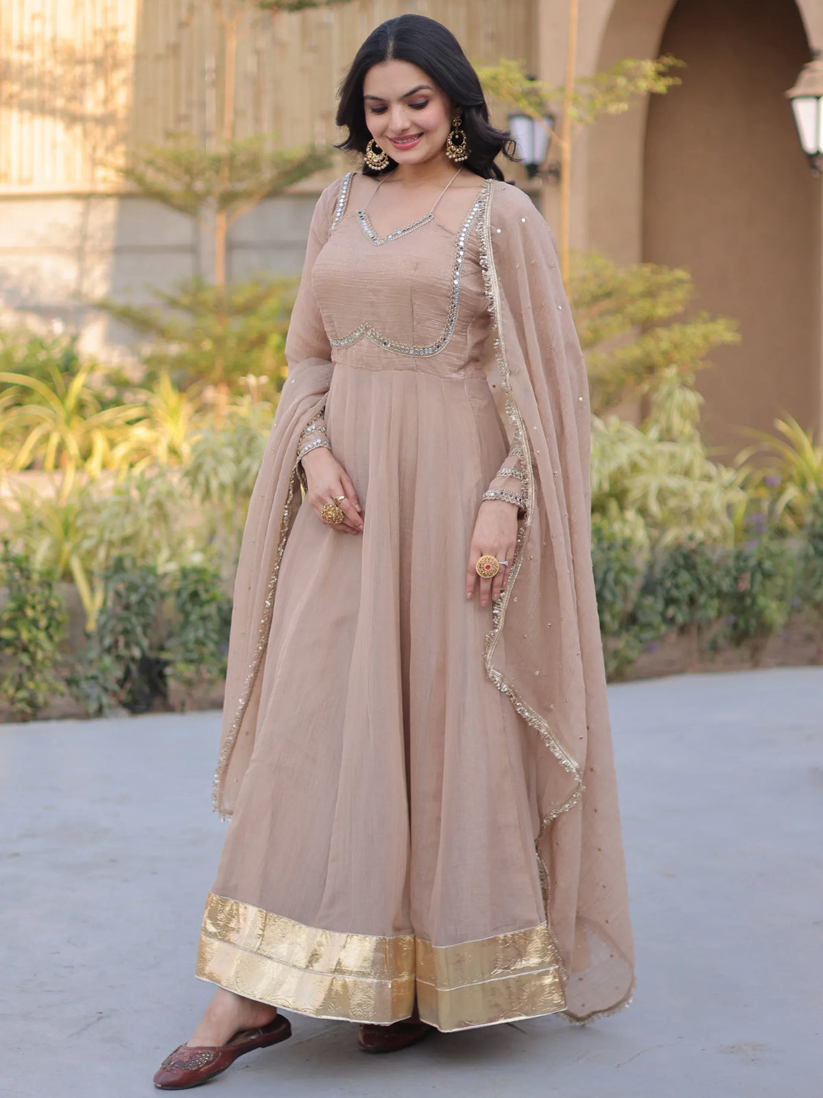 Stylish Beige Mirror Laced Georgette Function Wear Gown With Dupatta