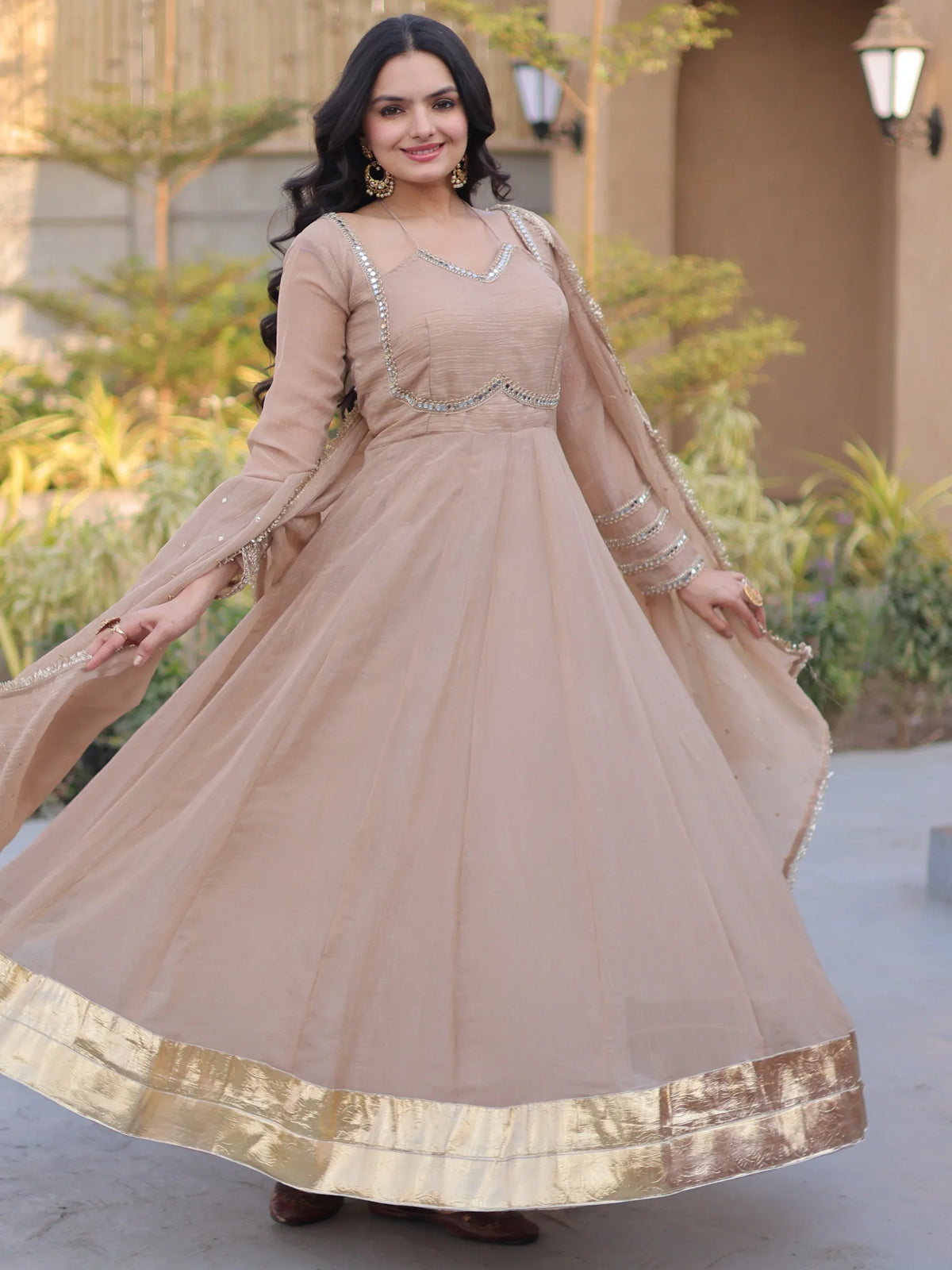 Stylish Beige Mirror Laced Georgette Function Wear Gown With Dupatta