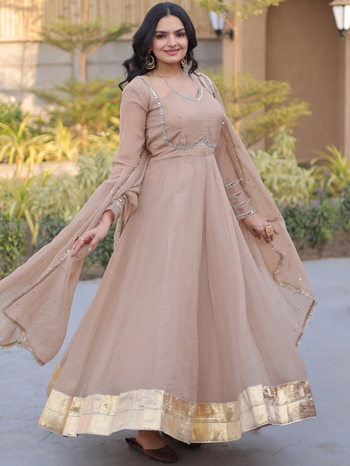 Stylish Beige Mirror Laced Georgette Function Wear Gown With Dupatta