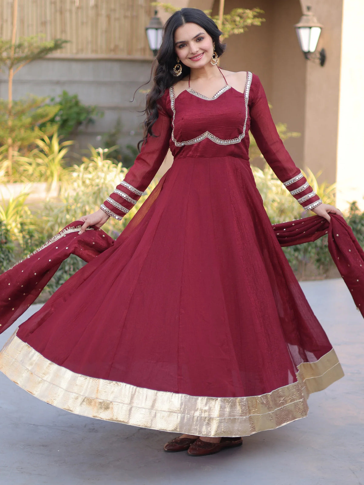 Elegant Maroon Mirror Laced Georgette Wedding Wear Gown With Dupatta