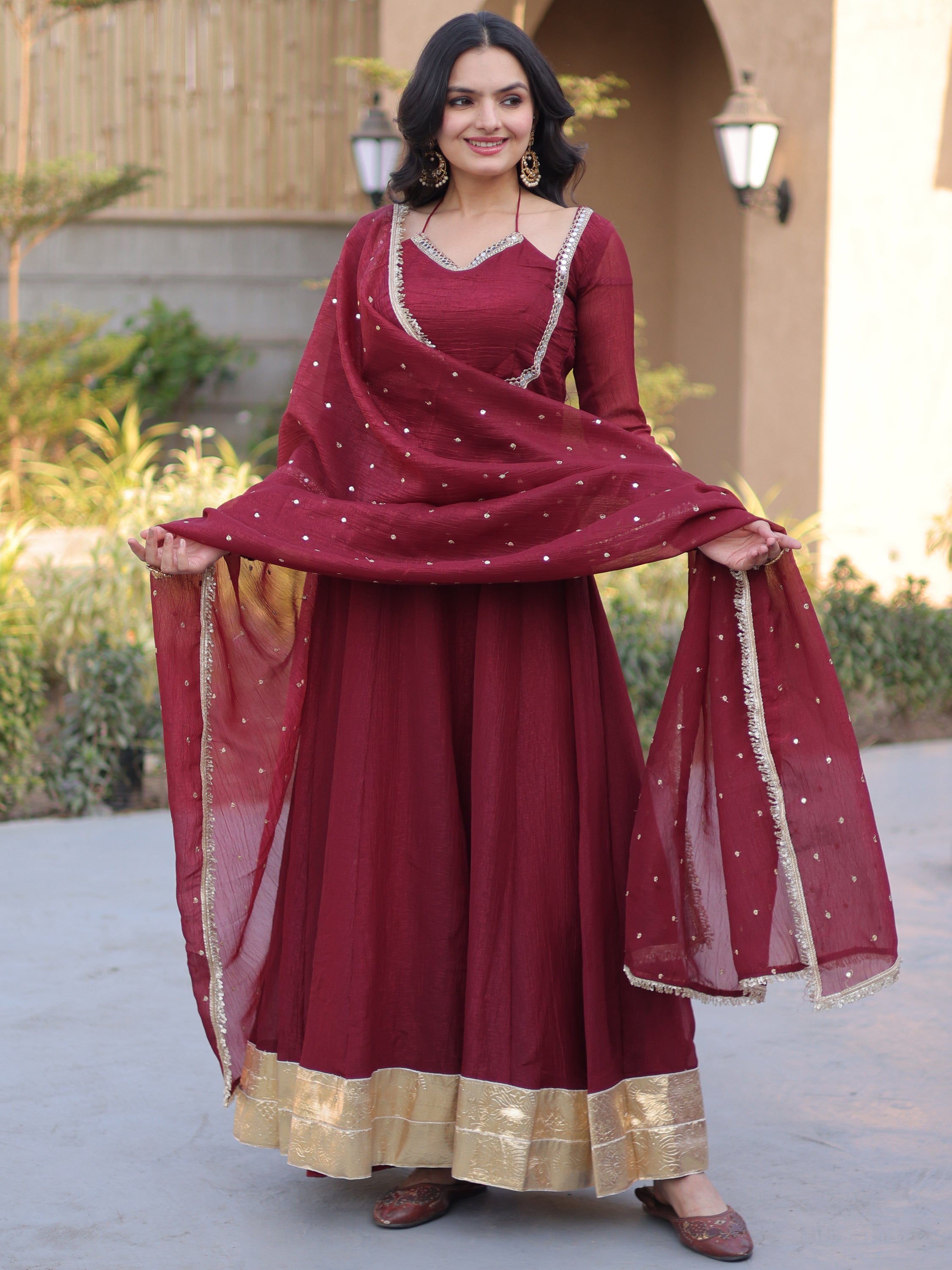 Elegant Maroon Mirror Laced Georgette Wedding Wear Gown With Dupatta