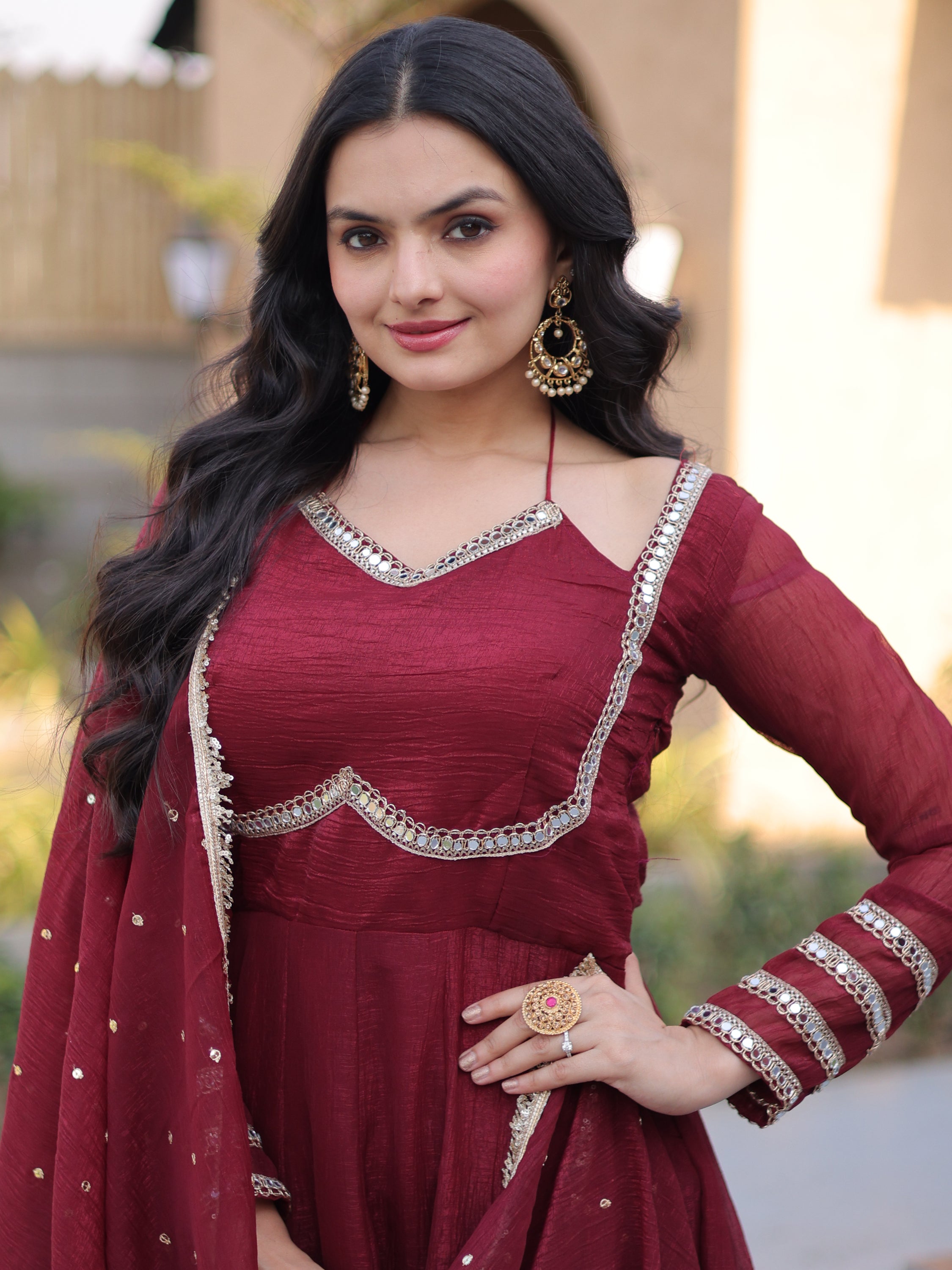 Elegant Maroon Mirror Laced Georgette Wedding Wear Gown With Dupatta