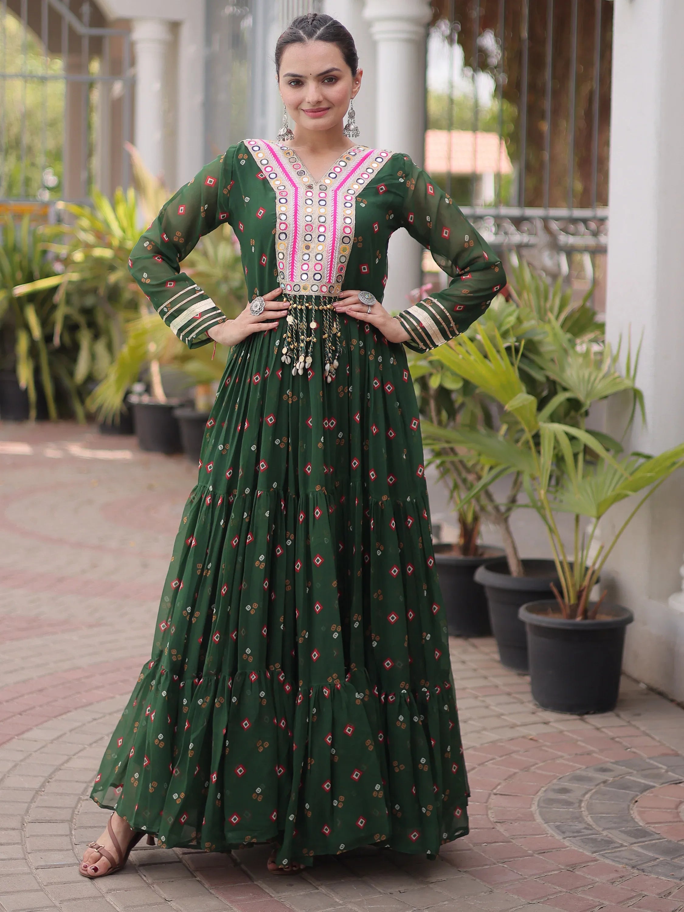 Striking Green Laheriya Printed Georgette Event Wear Gown