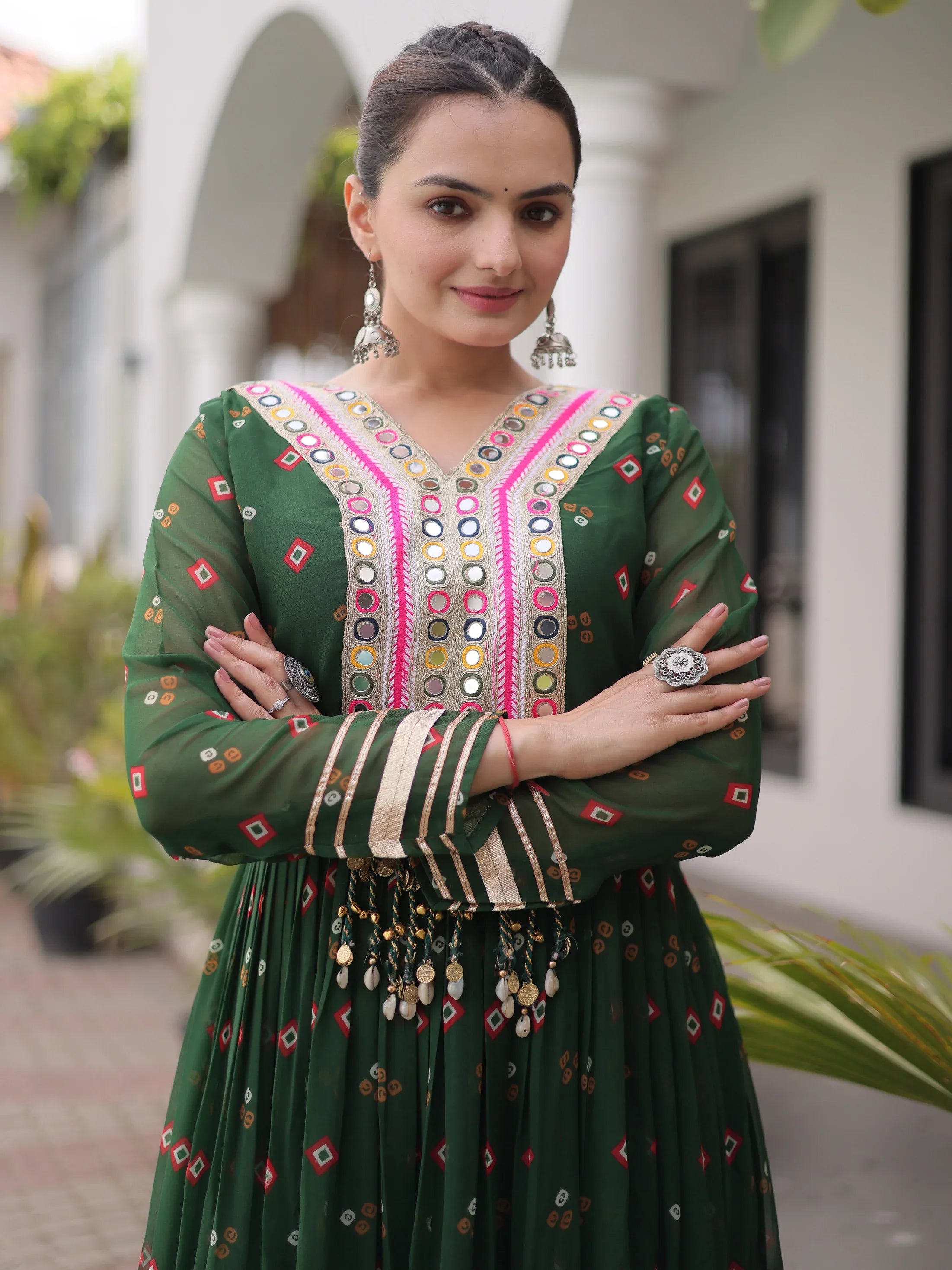 Striking Green Laheriya Printed Georgette Event Wear Gown