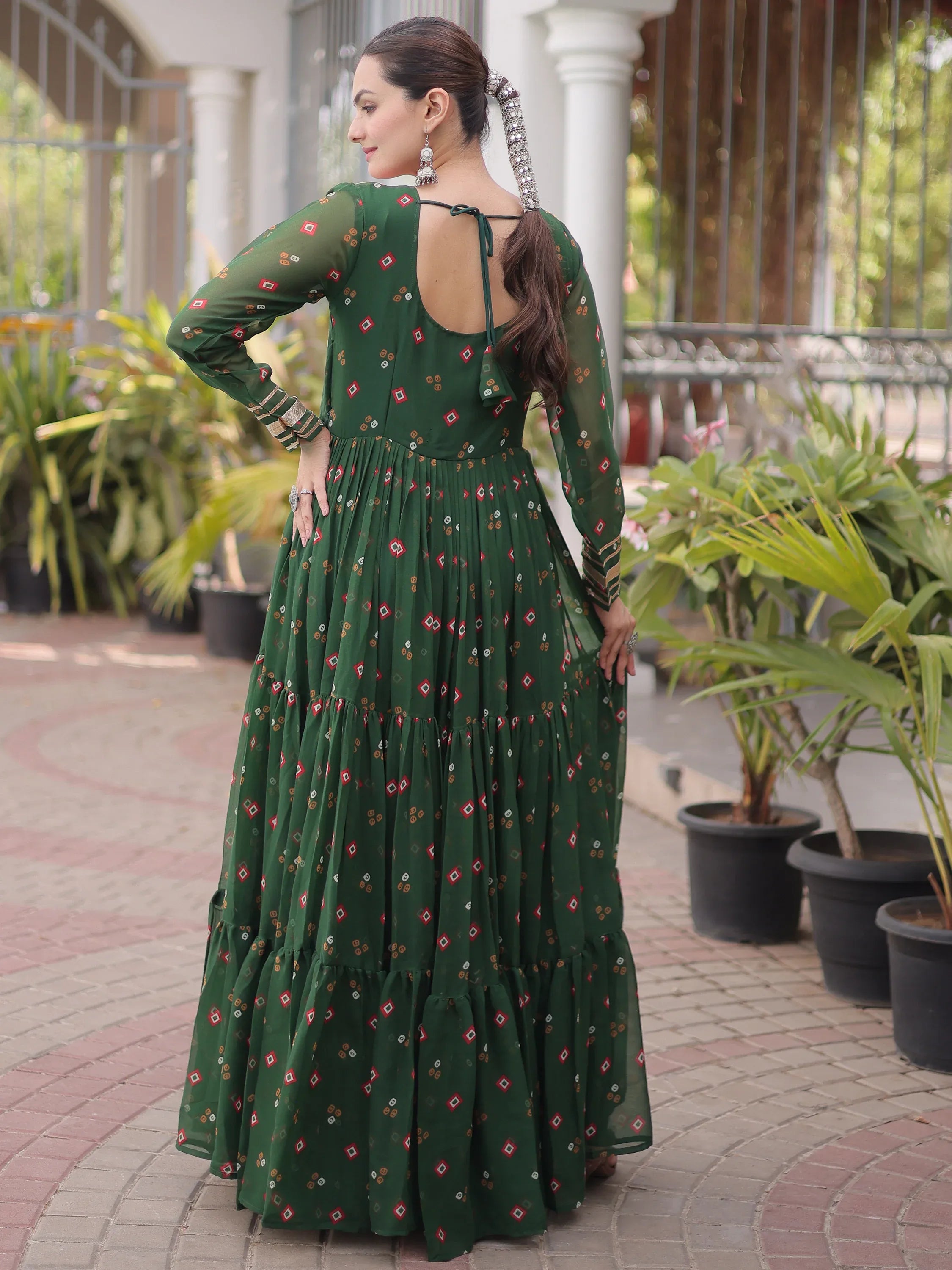 Striking Green Laheriya Printed Georgette Event Wear Gown