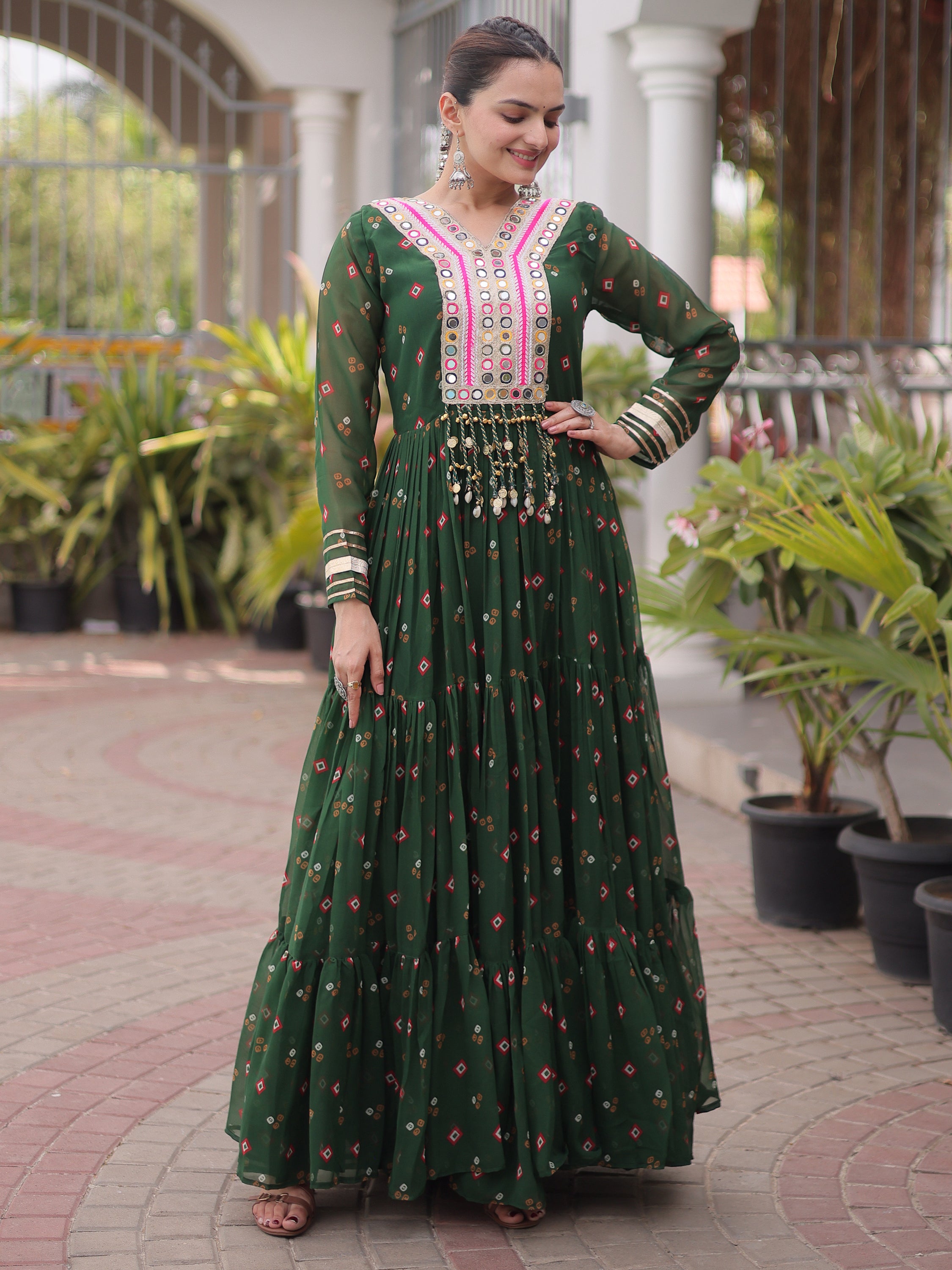 Striking Green Laheriya Printed Georgette Event Wear Gown