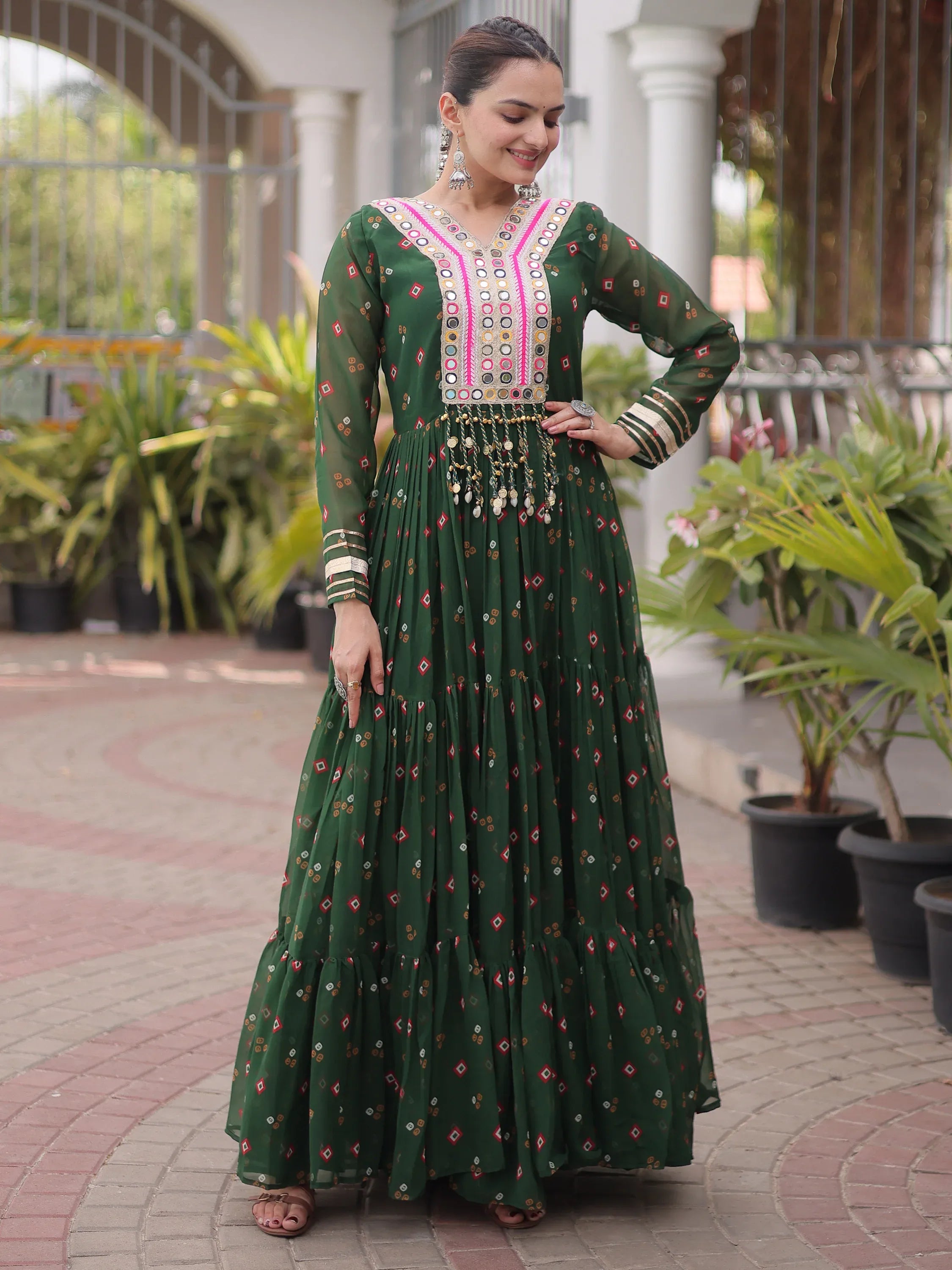 Striking Green Laheriya Printed Georgette Event Wear Gown
