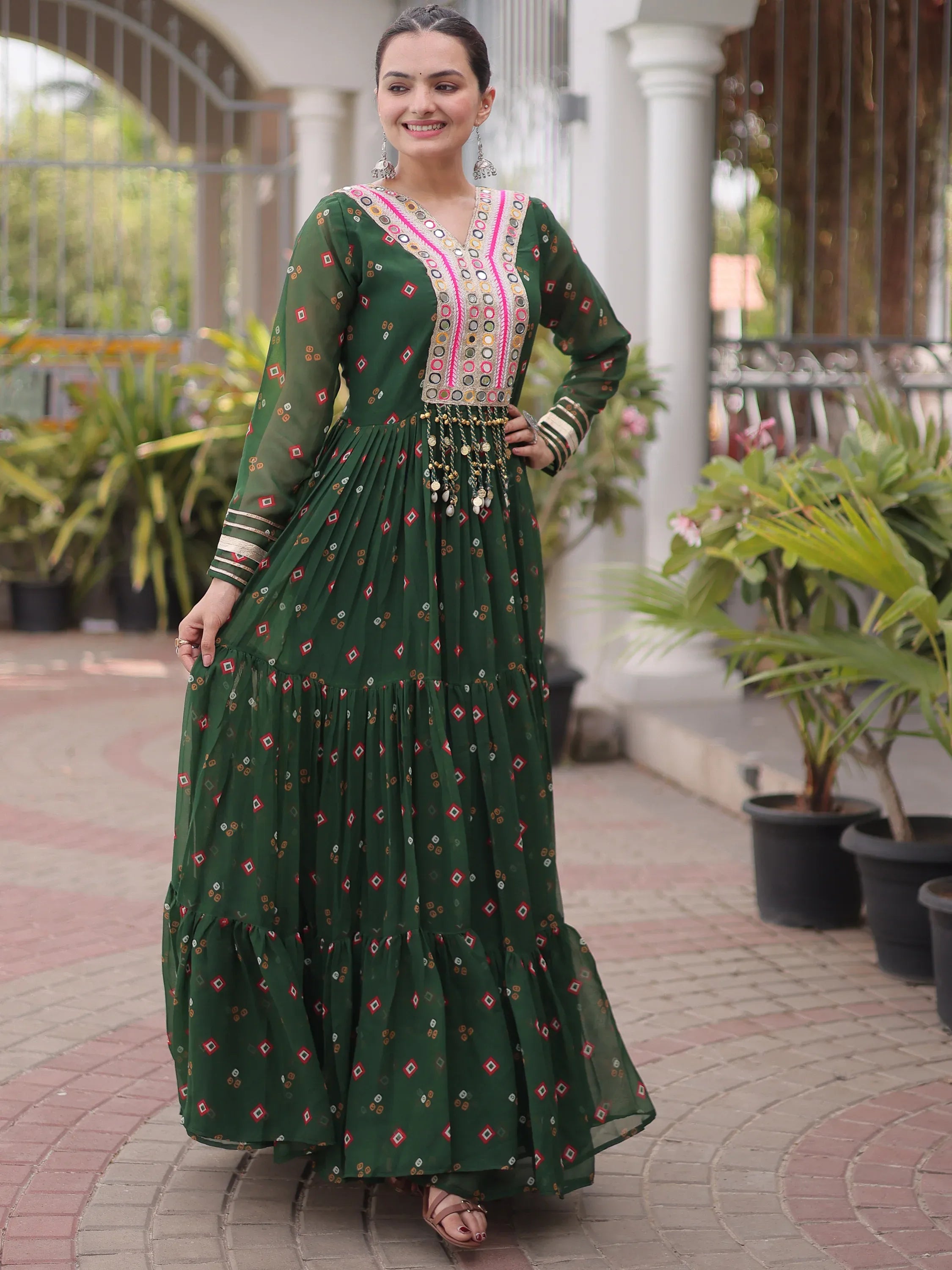 Striking Green Laheriya Printed Georgette Event Wear Gown