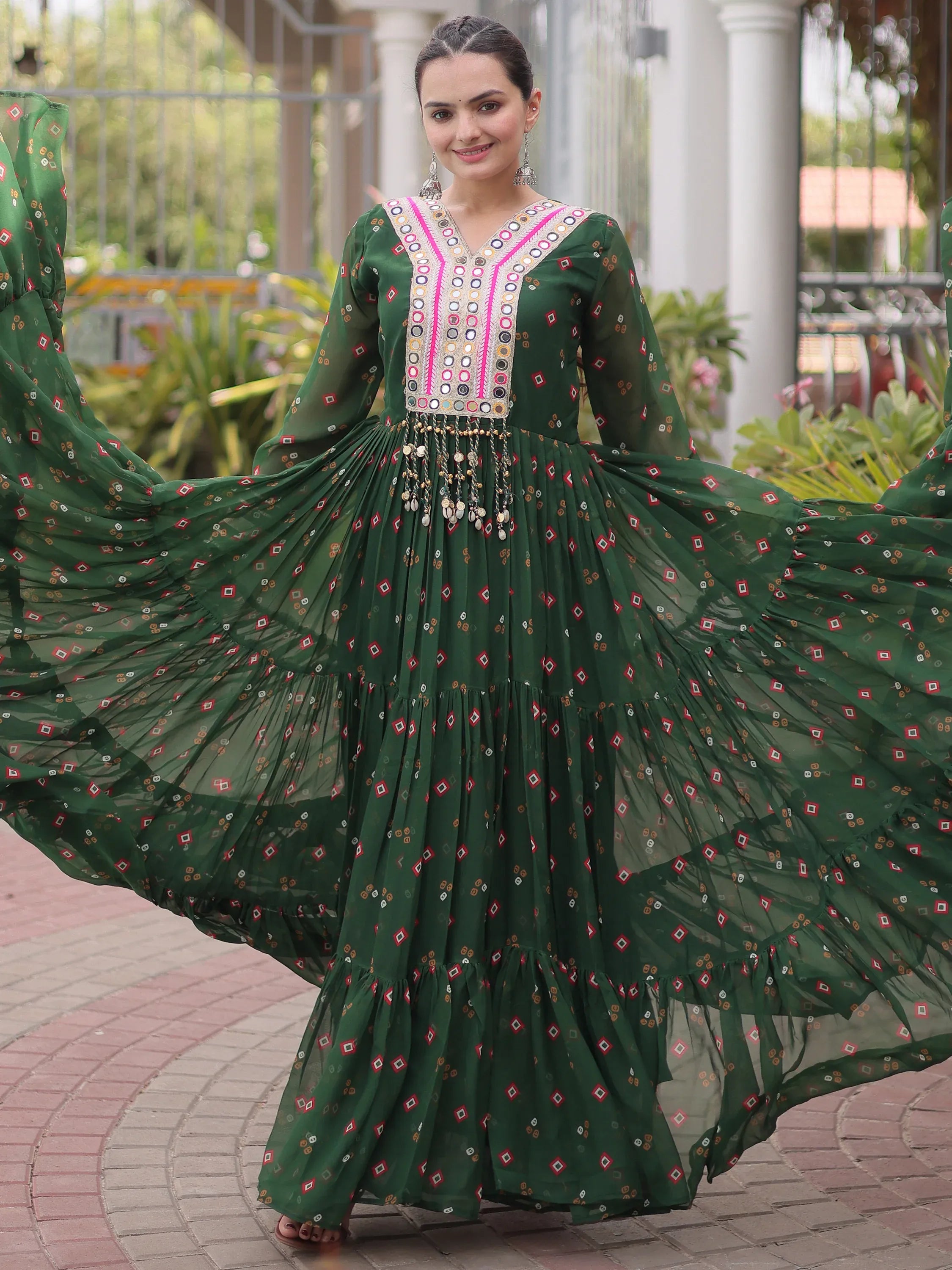 Striking Green Laheriya Printed Georgette Event Wear Gown