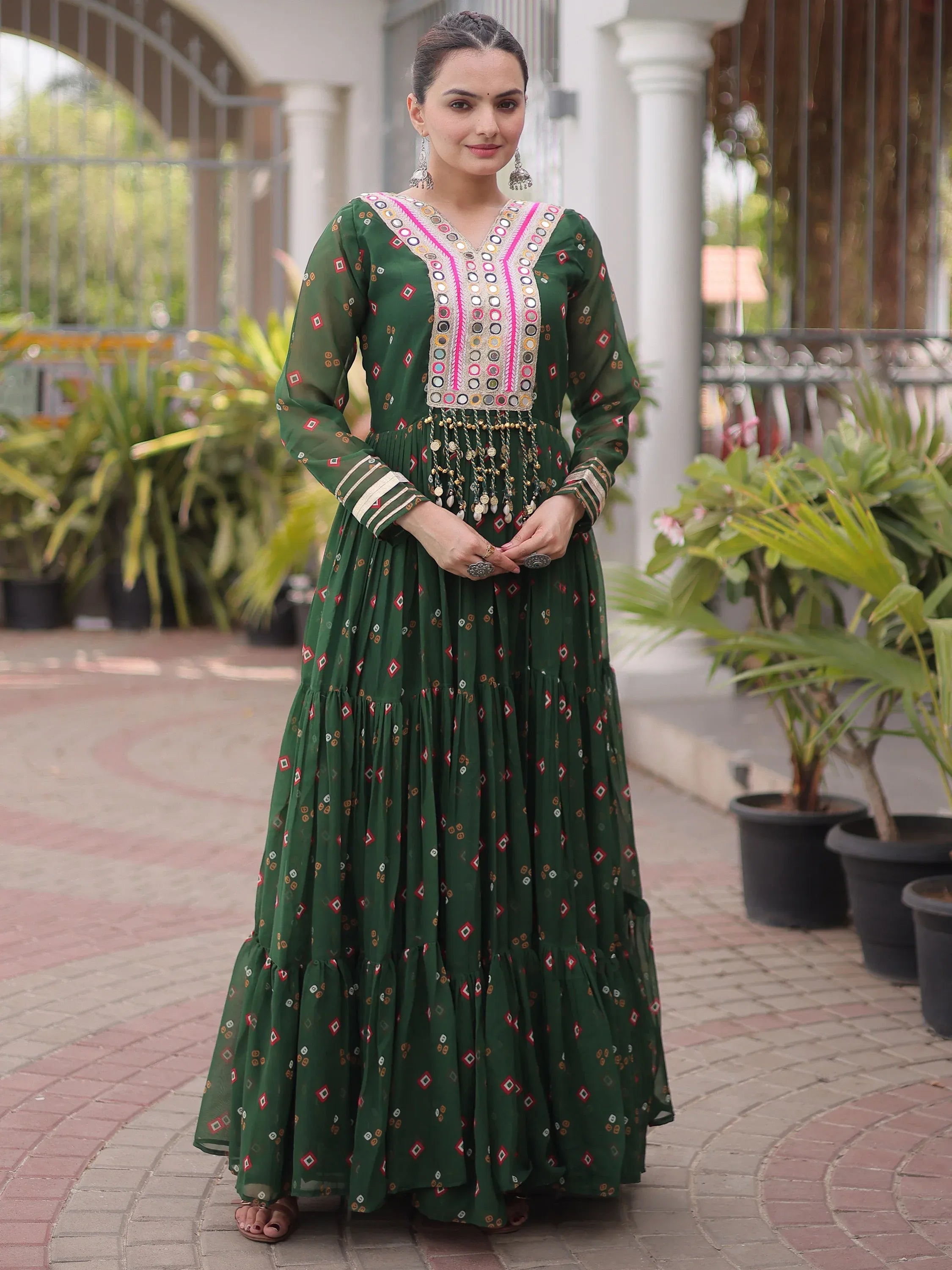 Striking Green Laheriya Printed Georgette Event Wear Gown