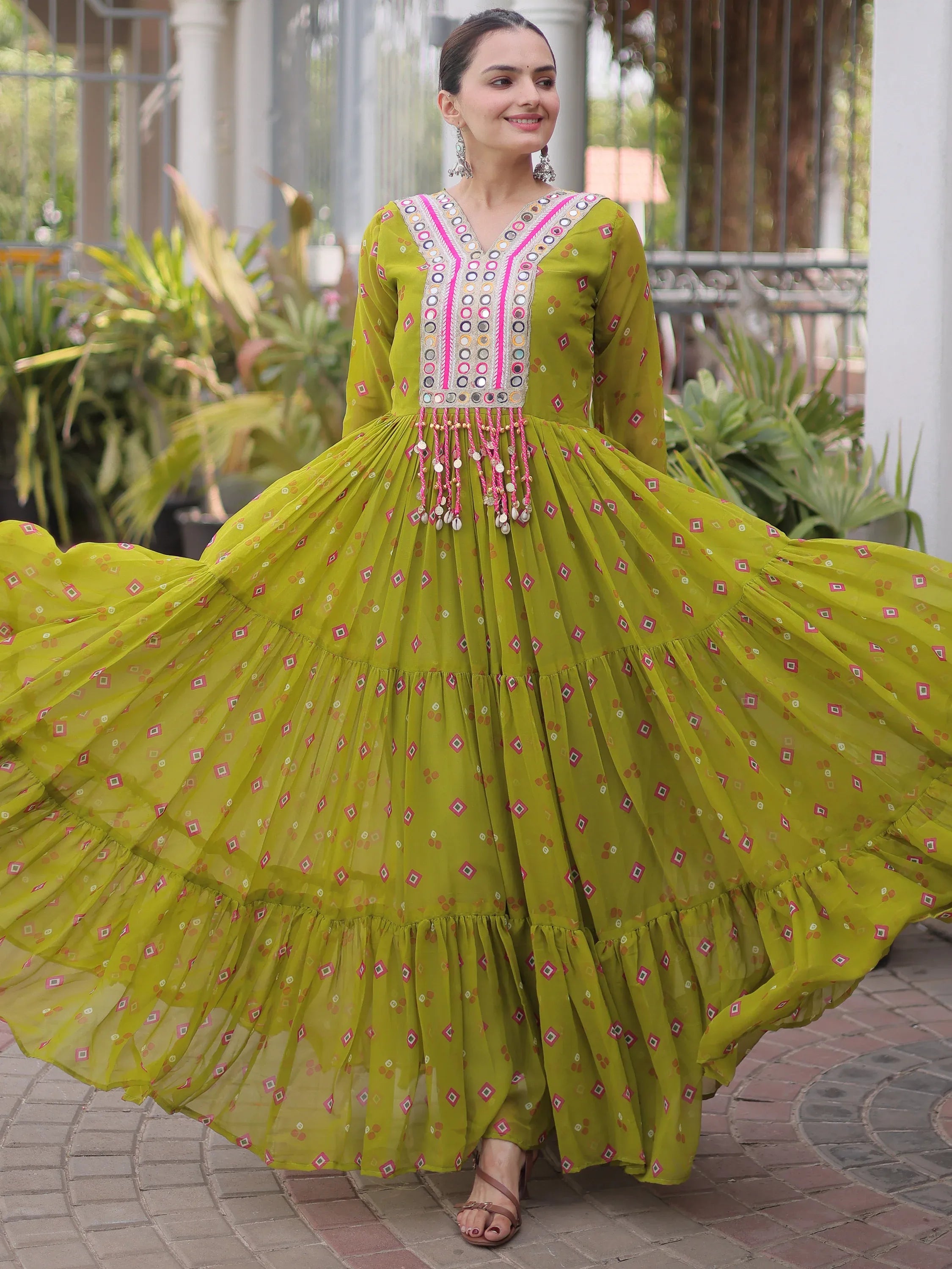 Notable Olive Green Laheriya Printed Georgette Navratri Wear Gown