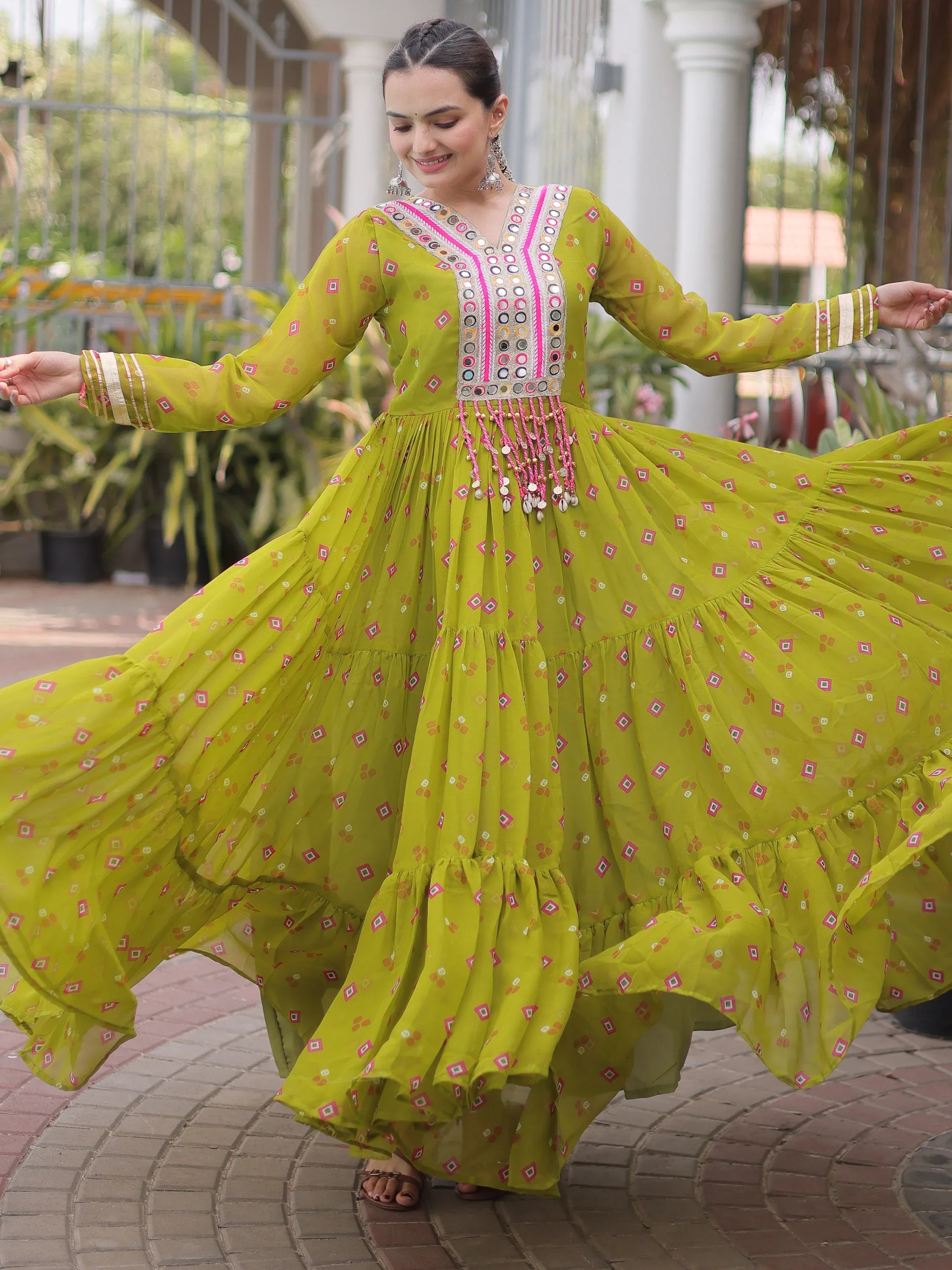 Notable Olive Green Laheriya Printed Georgette Navratri Wear Gown