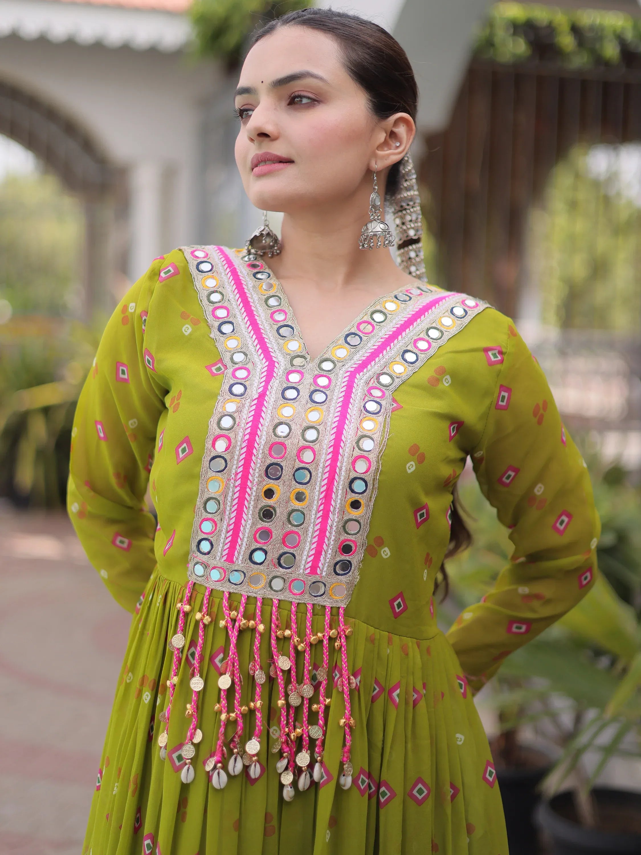 Notable Olive Green Laheriya Printed Georgette Navratri Wear Gown