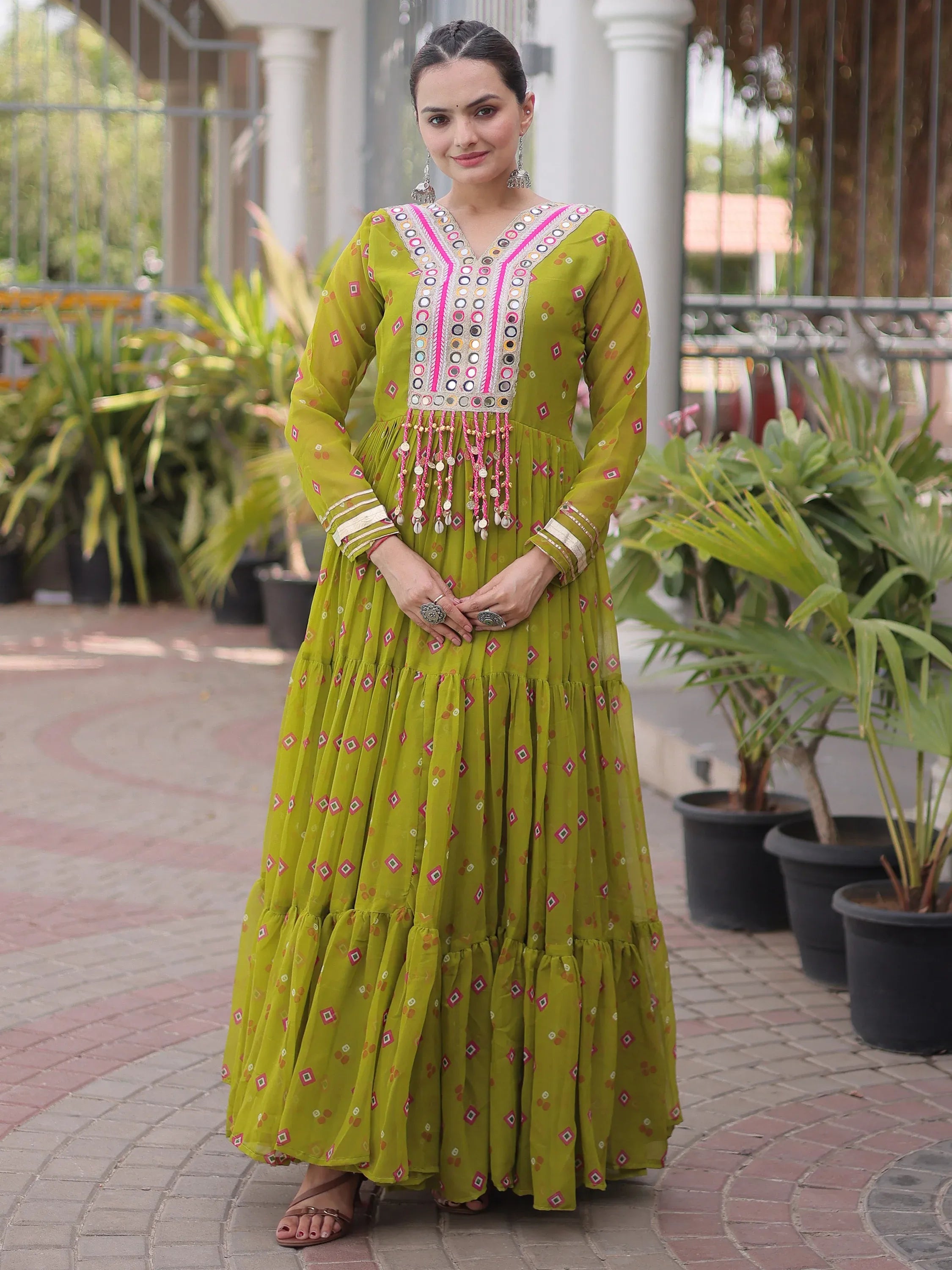 Notable Olive Green Laheriya Printed Georgette Navratri Wear Gown