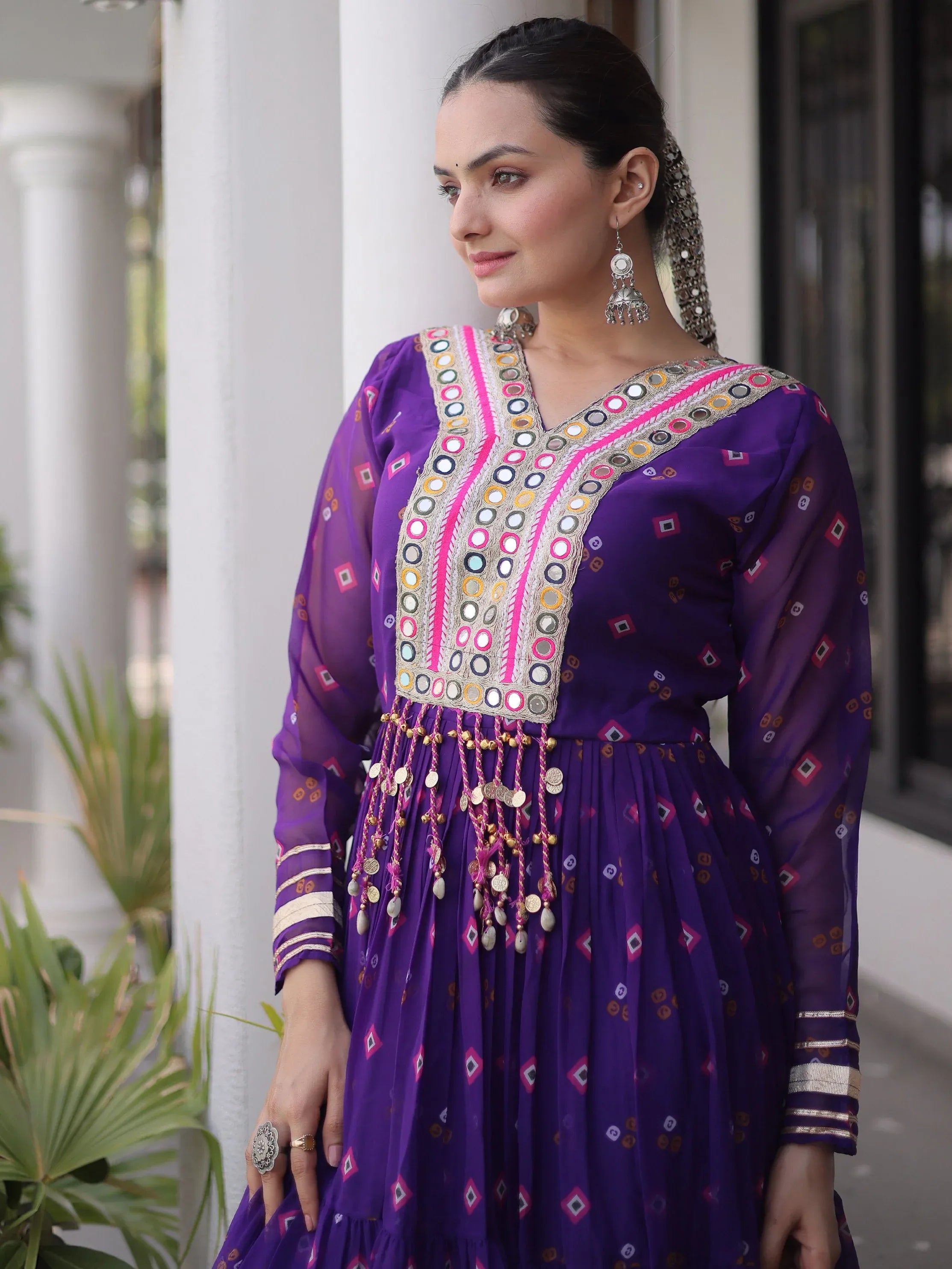 Classic Purple Laheriya Printed Georgette Navratri Wear Gown