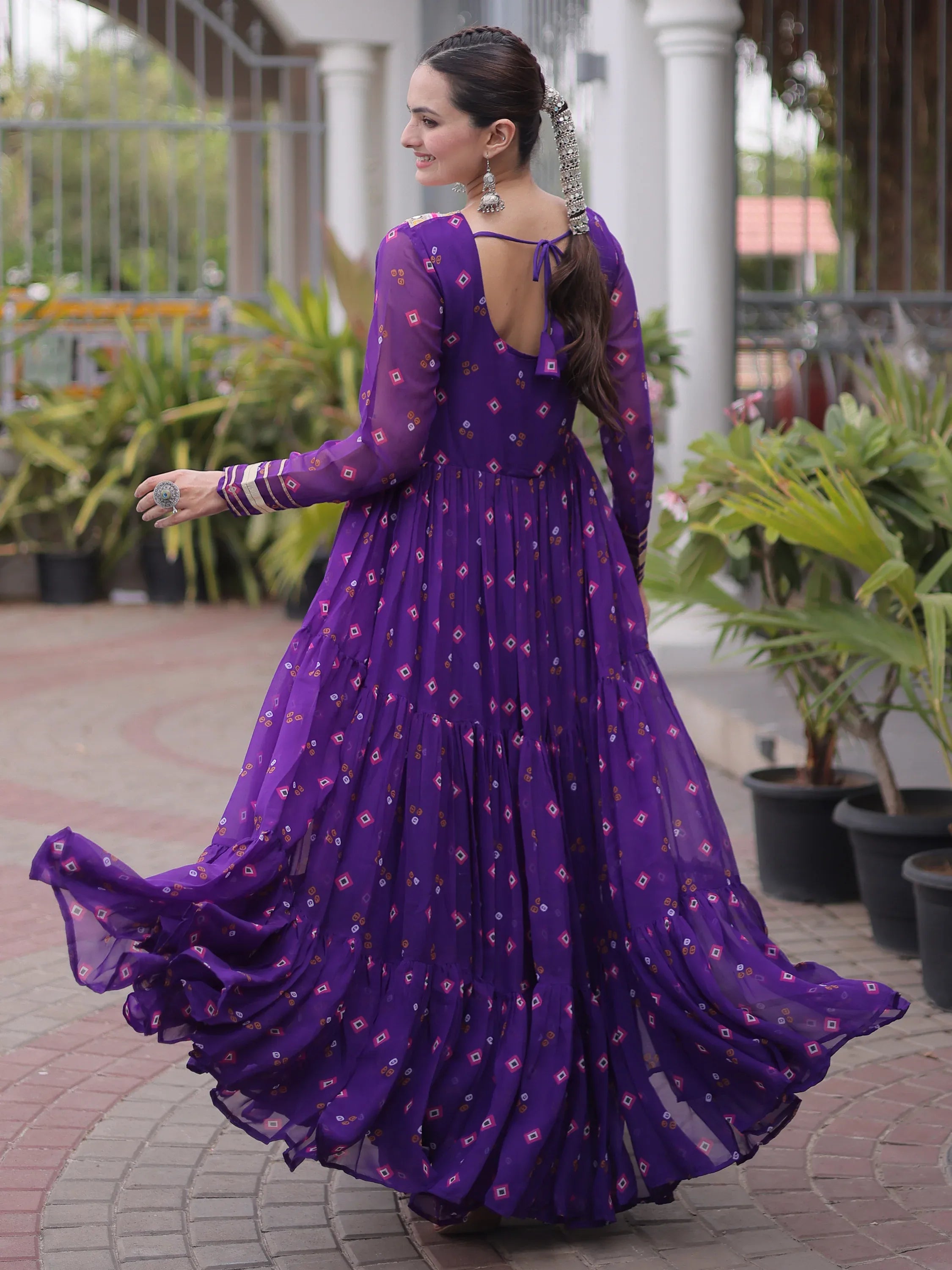 Classic Purple Laheriya Printed Georgette Navratri Wear Gown