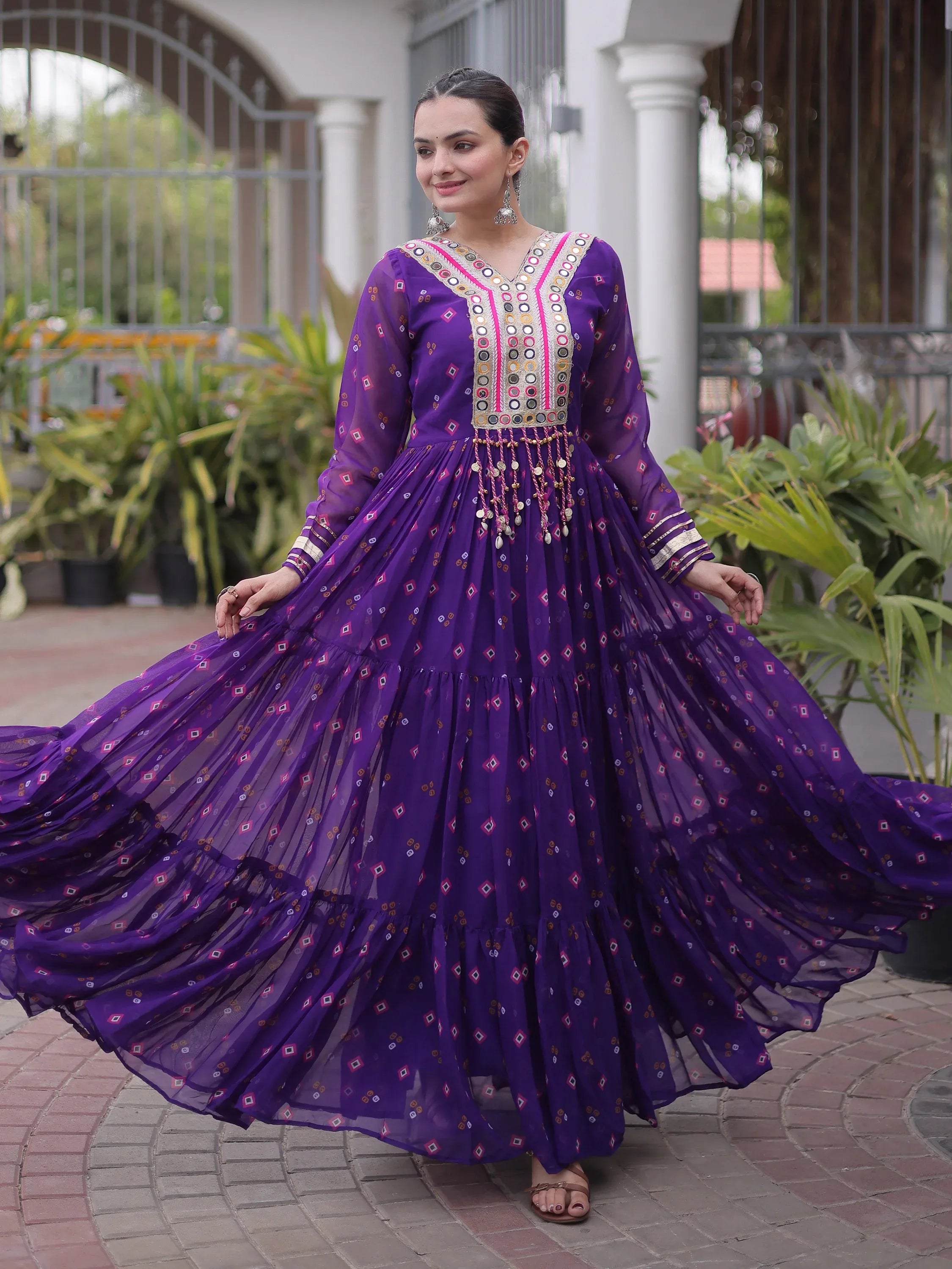 Classic Purple Laheriya Printed Georgette Navratri Wear Gown