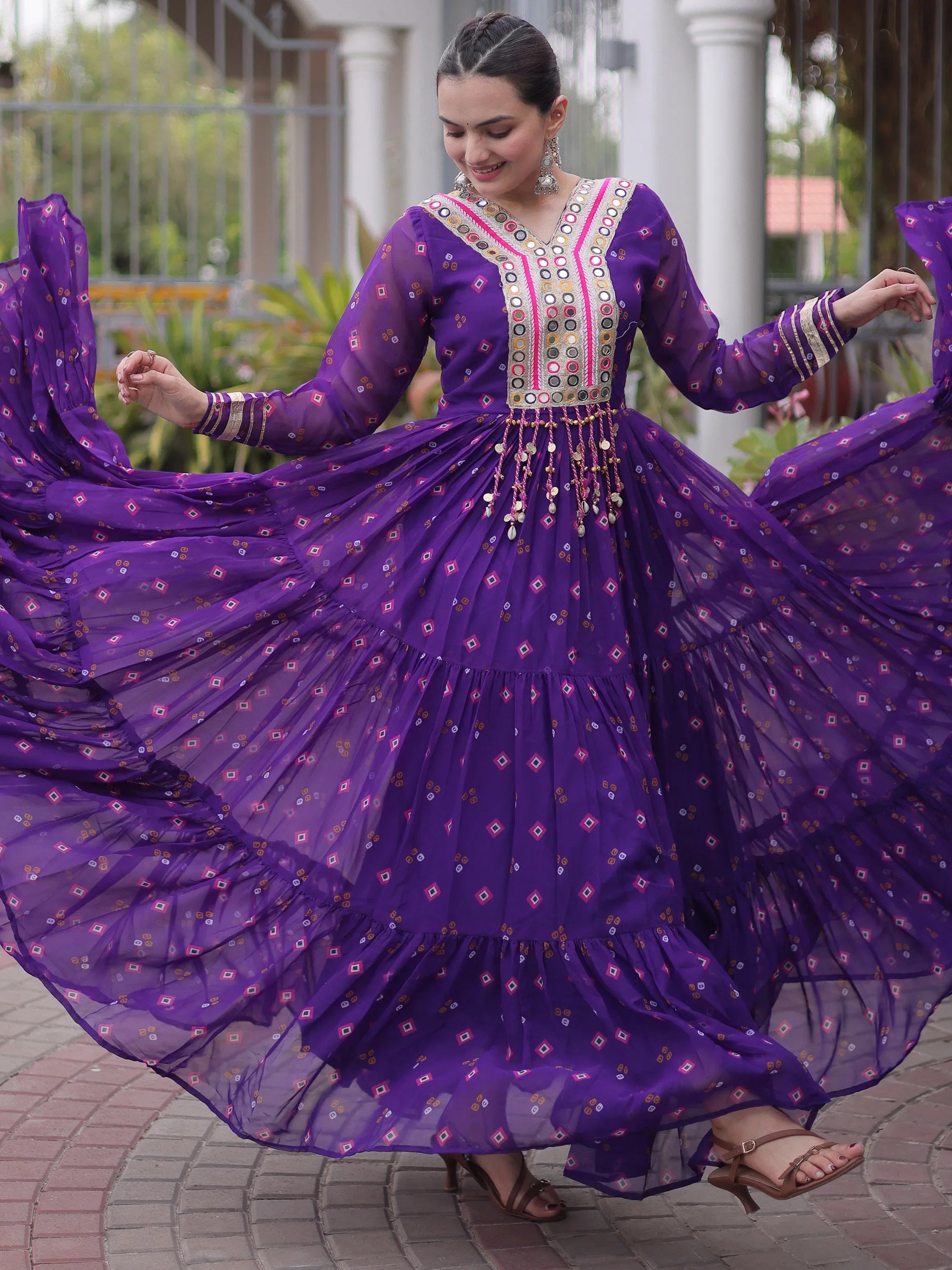 Classic Purple Laheriya Printed Georgette Navratri Wear Gown