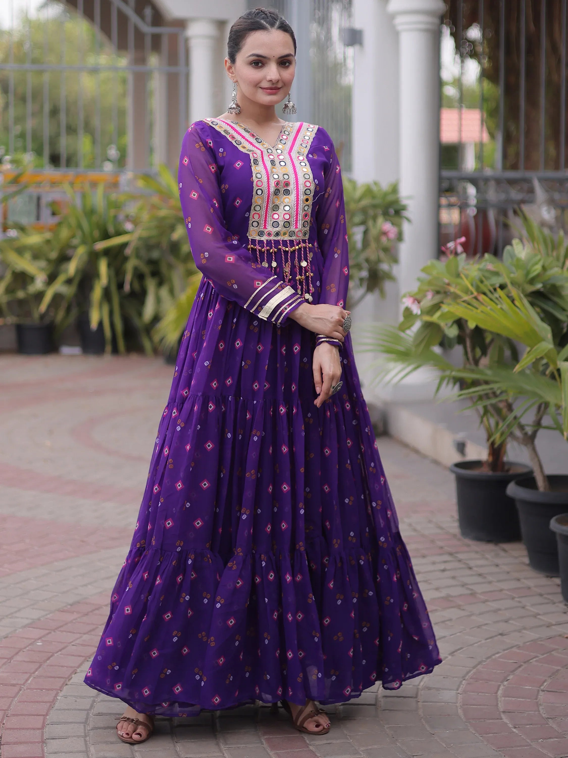 Classic Purple Laheriya Printed Georgette Navratri Wear Gown