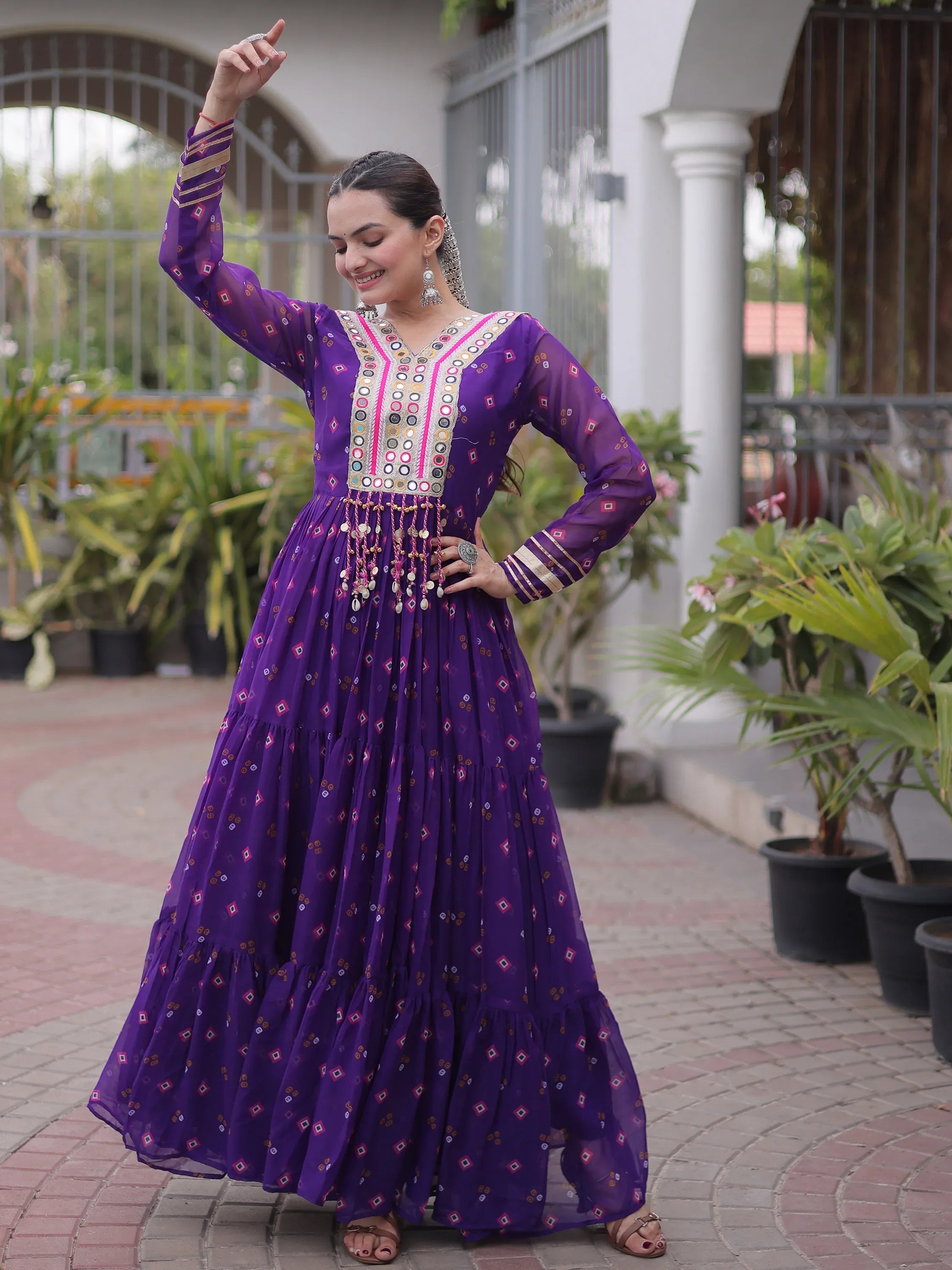 Classic Purple Laheriya Printed Georgette Navratri Wear Gown