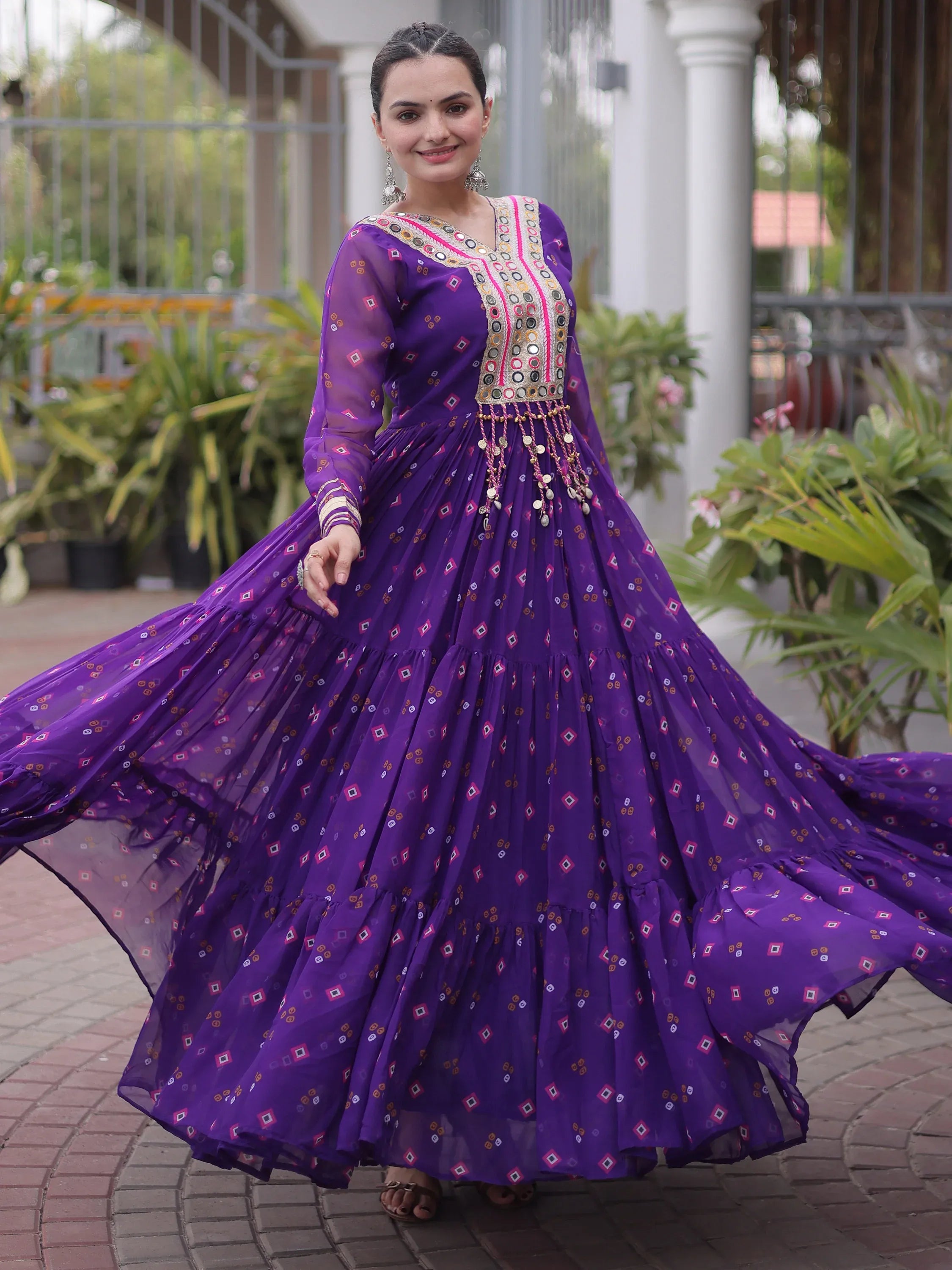 Classic Purple Laheriya Printed Georgette Navratri Wear Gown