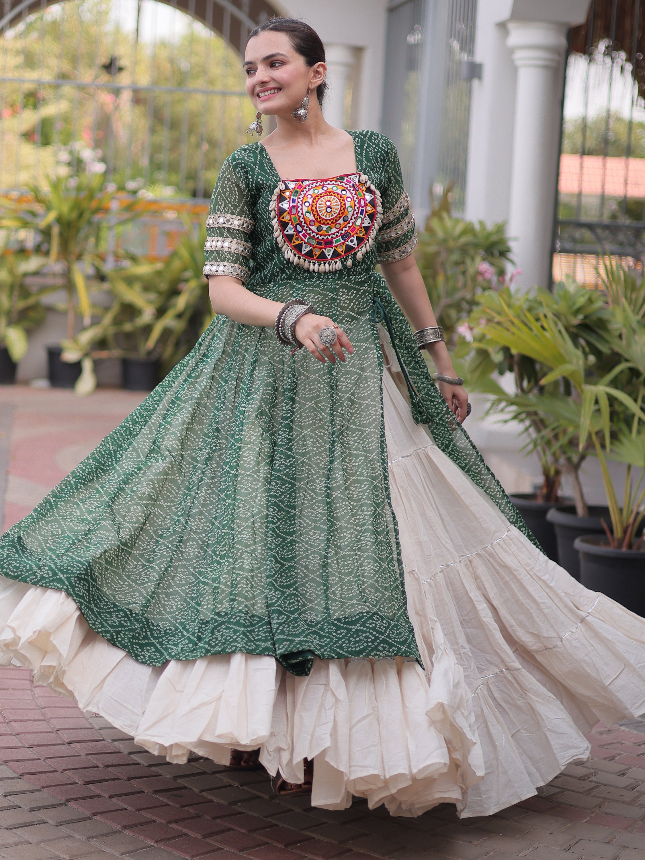 Wonderful Green Bandhani Printed Georgette Navratri Lehenga With Kurti