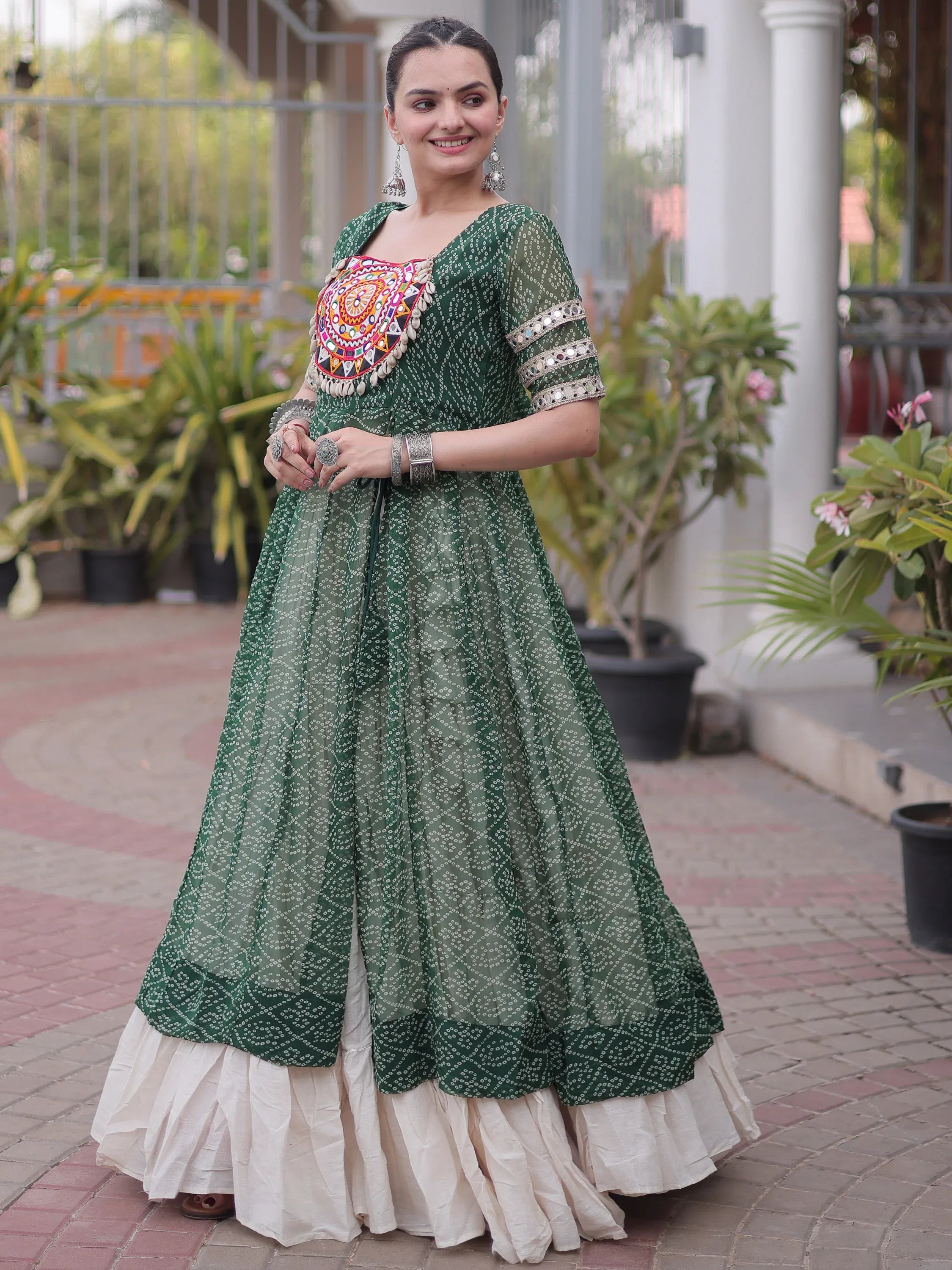 Wonderful Green Bandhani Printed Georgette Navratri Lehenga With Kurti