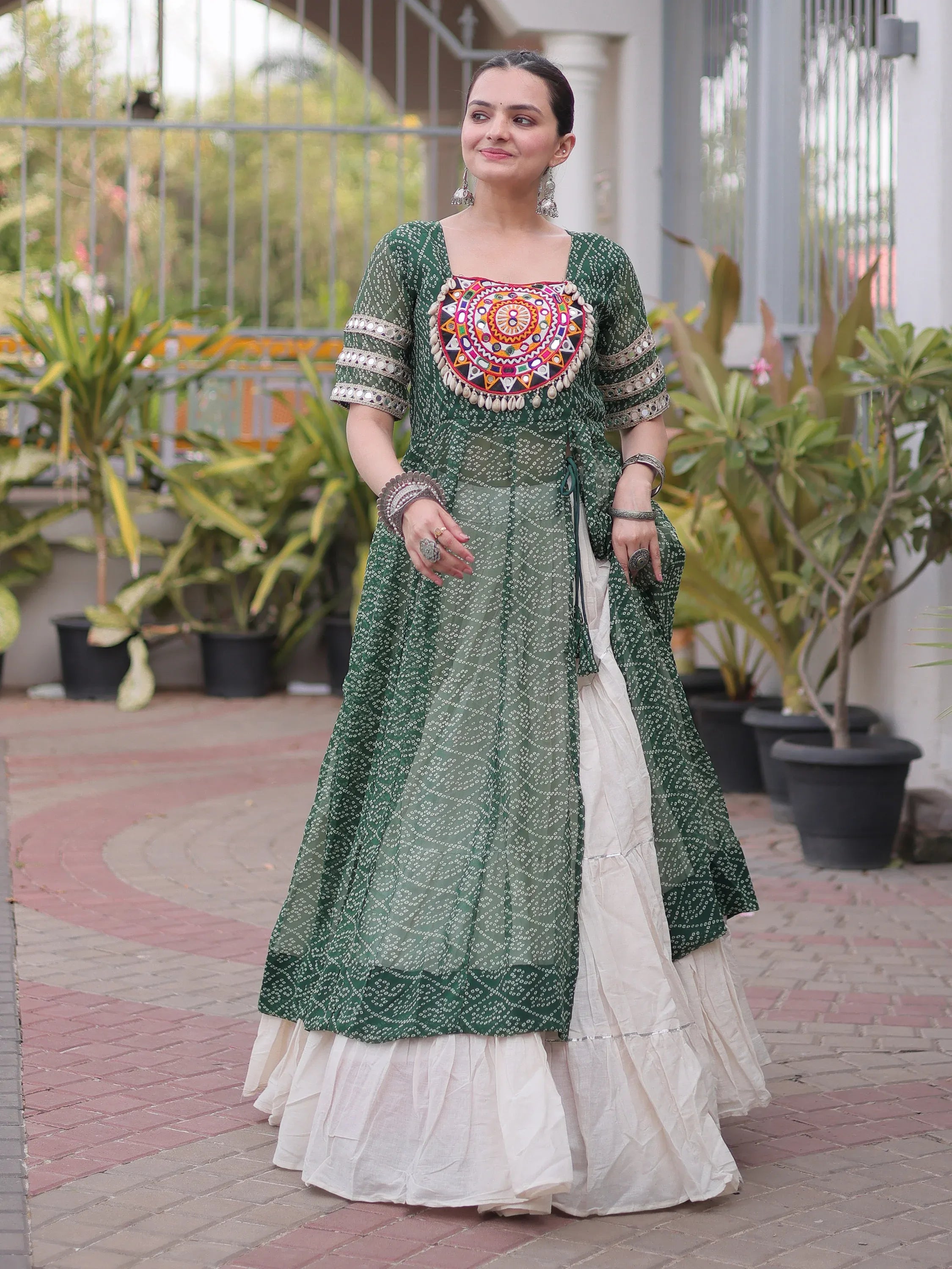 Wonderful Green Bandhani Printed Georgette Navratri Lehenga With Kurti