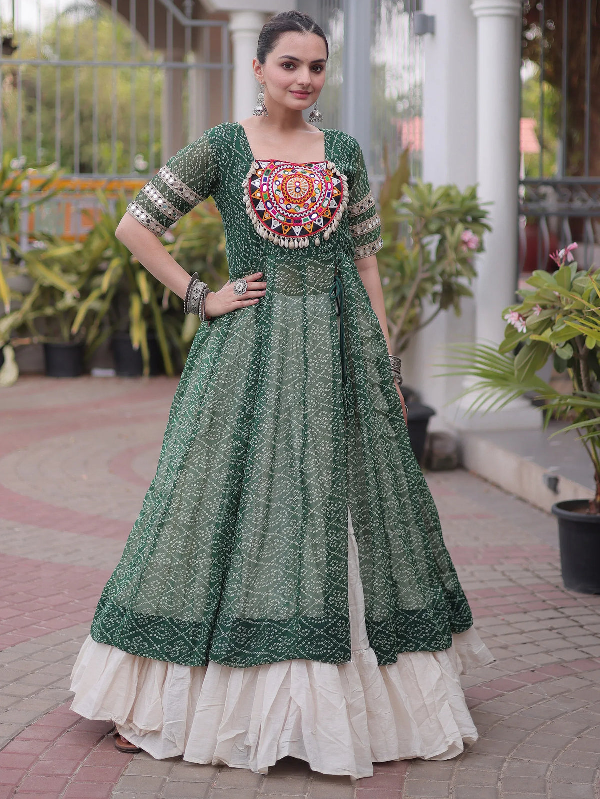 Wonderful Green Bandhani Printed Georgette Navratri Lehenga With Kurti