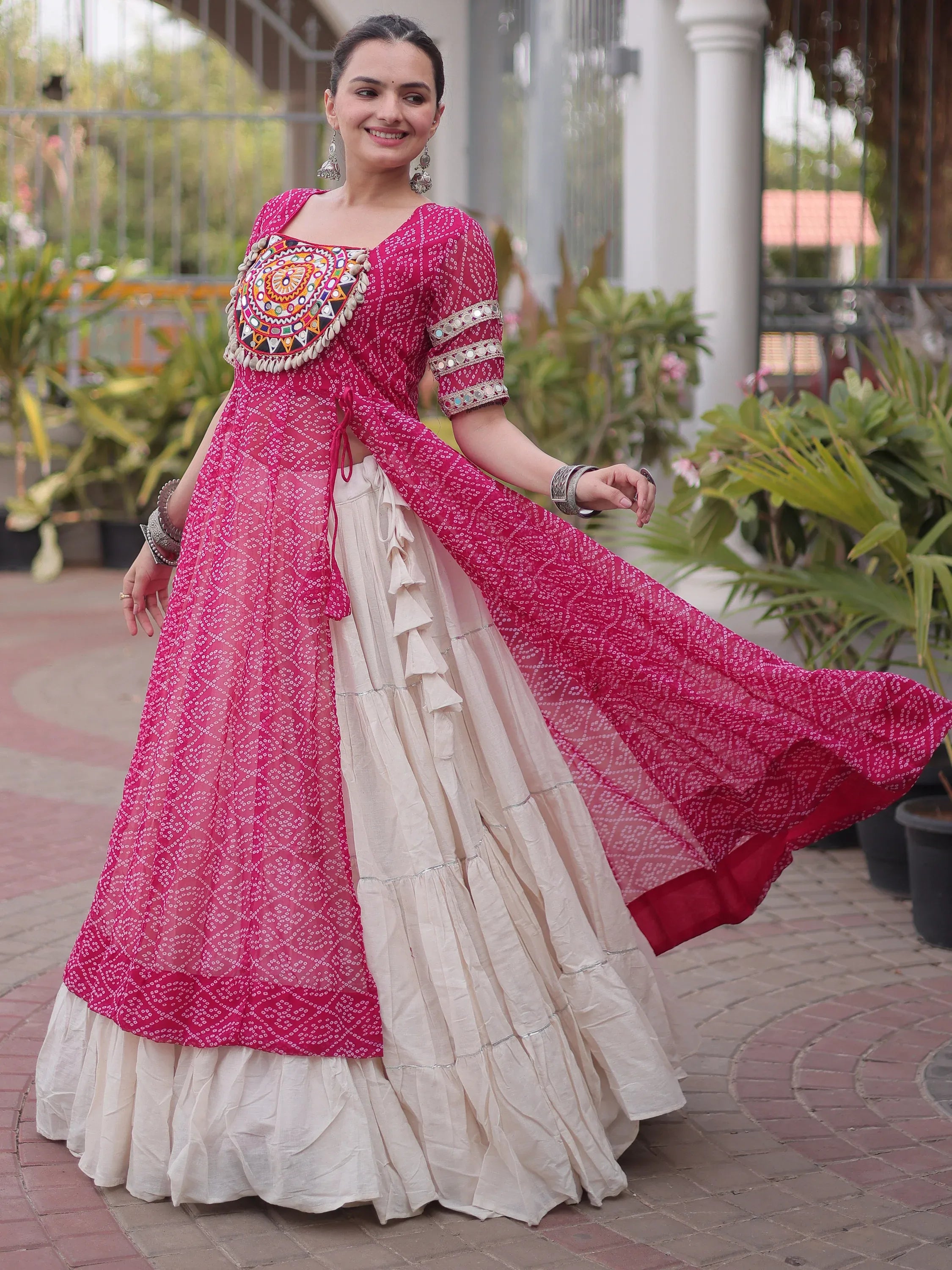 Astonishing Pink Bandhani Printed Navratri Wear Lehenga With Kurti