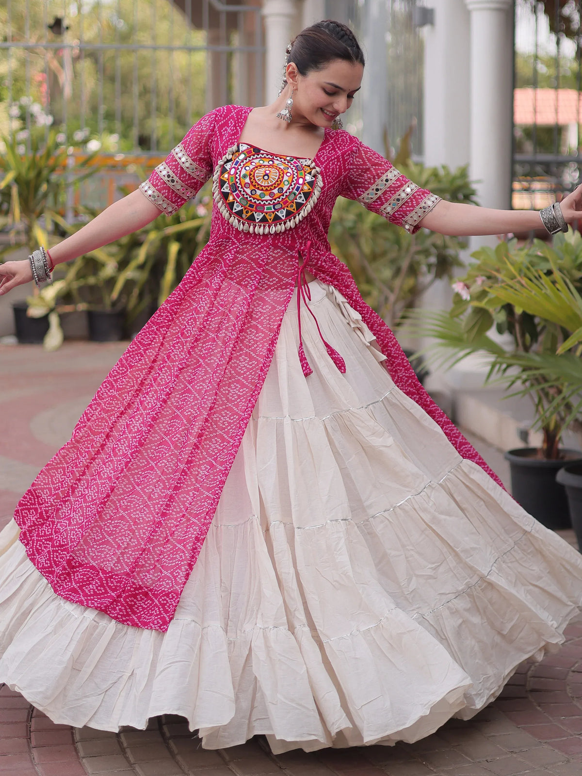 Astonishing Pink Bandhani Printed Navratri Wear Lehenga With Kurti