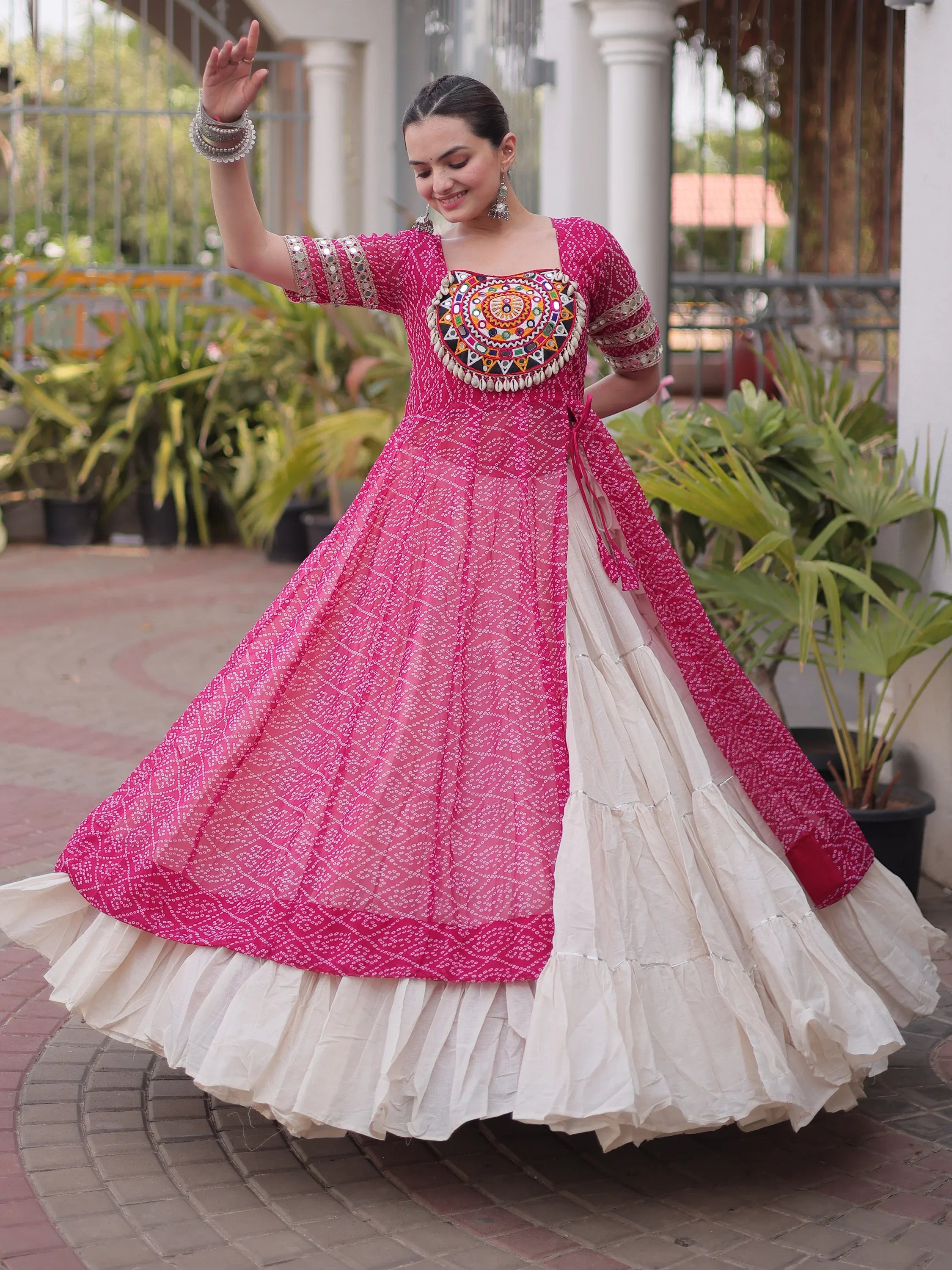 Astonishing Pink Bandhani Printed Navratri Wear Lehenga With Kurti