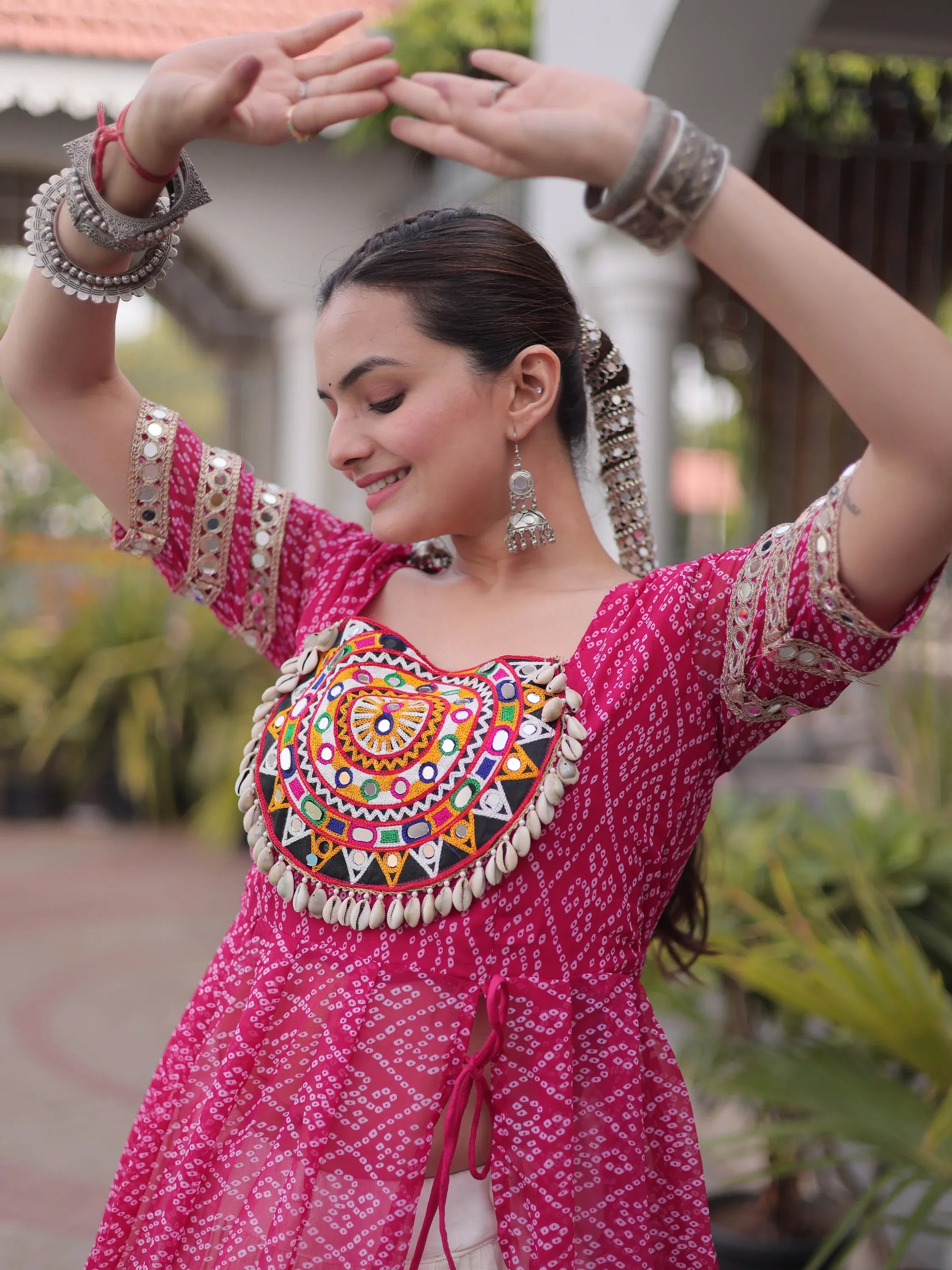 Astonishing Pink Bandhani Printed Navratri Wear Lehenga With Kurti