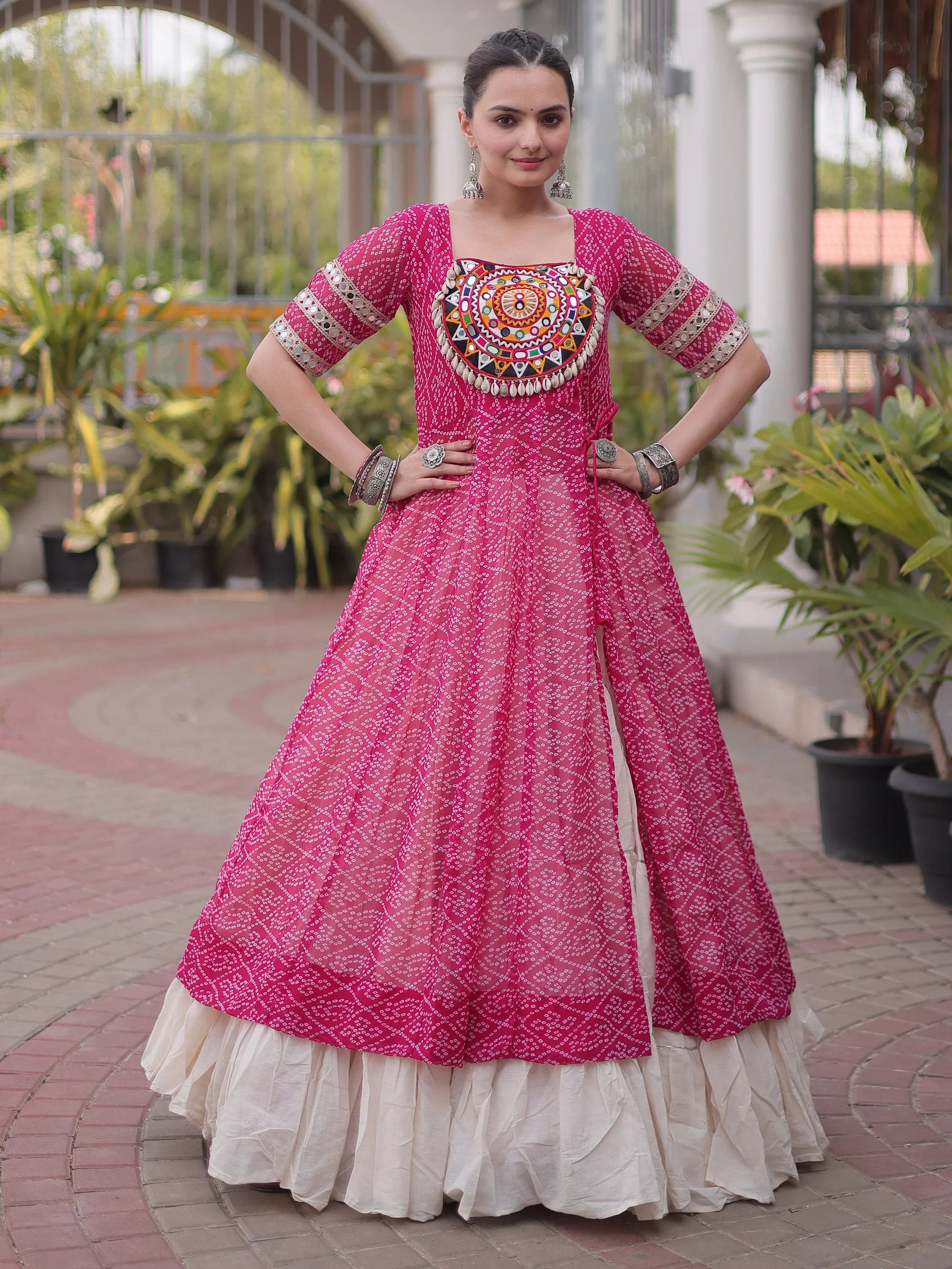 Astonishing Pink Bandhani Printed Navratri Wear Lehenga With Kurti