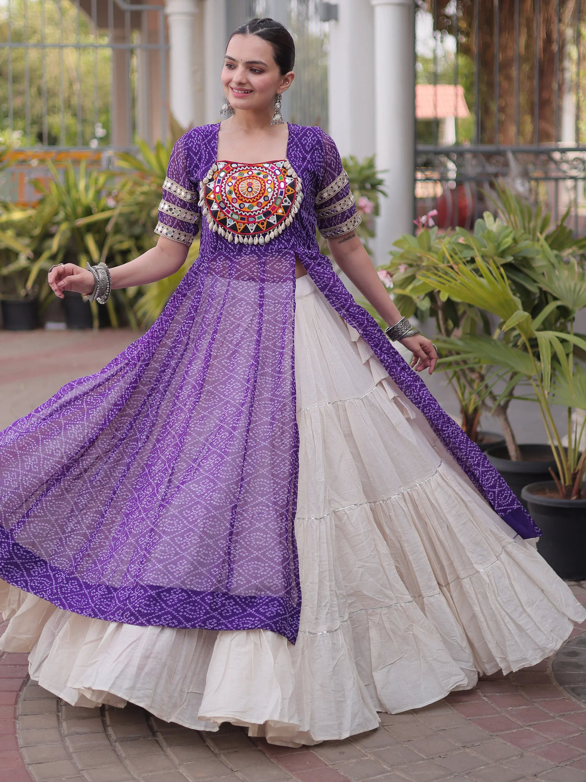 Elegant Purple Patch Work Georgette Navratri Lehenga With Kurti