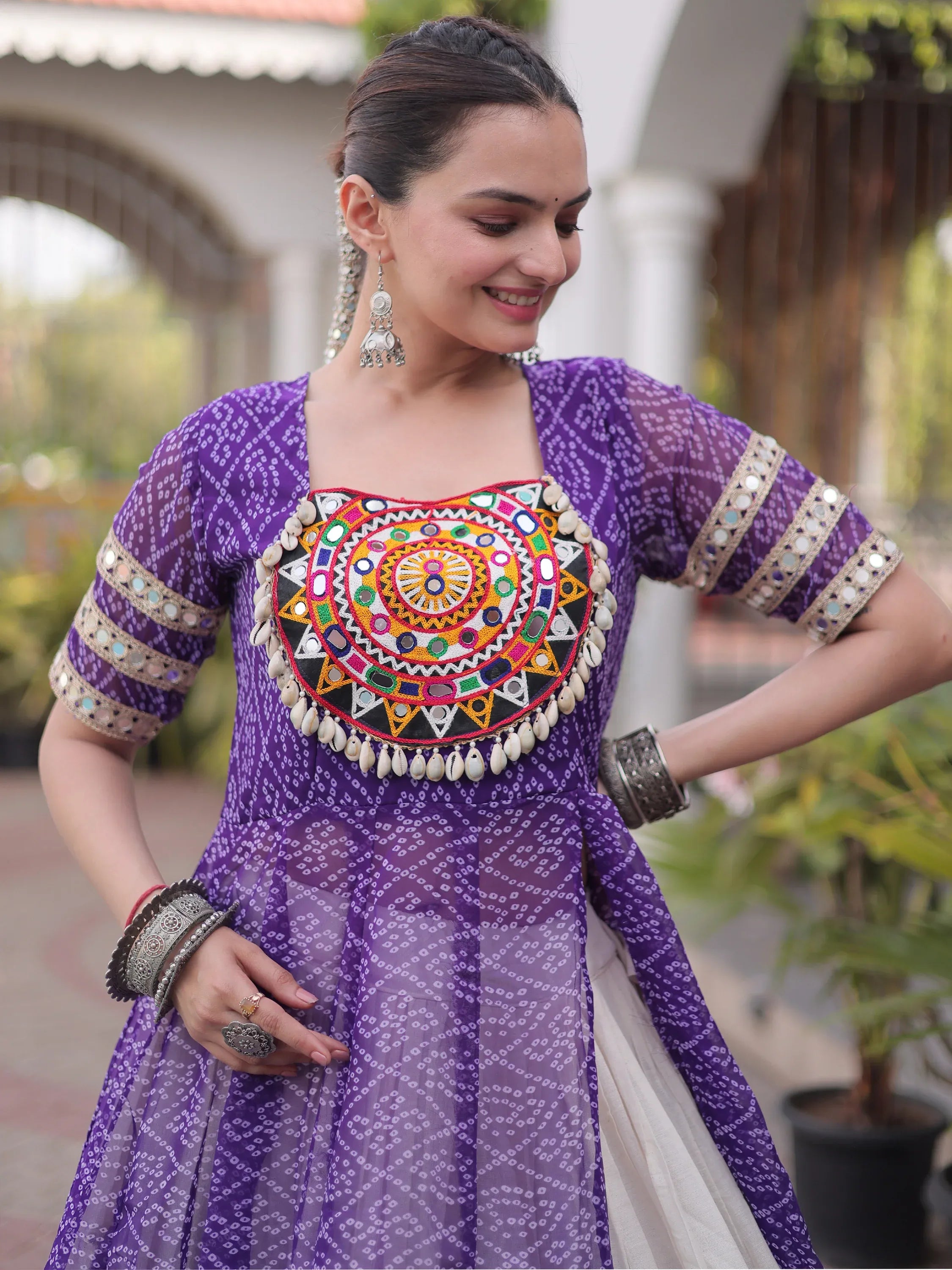 Elegant Purple Patch Work Georgette Navratri Lehenga With Kurti