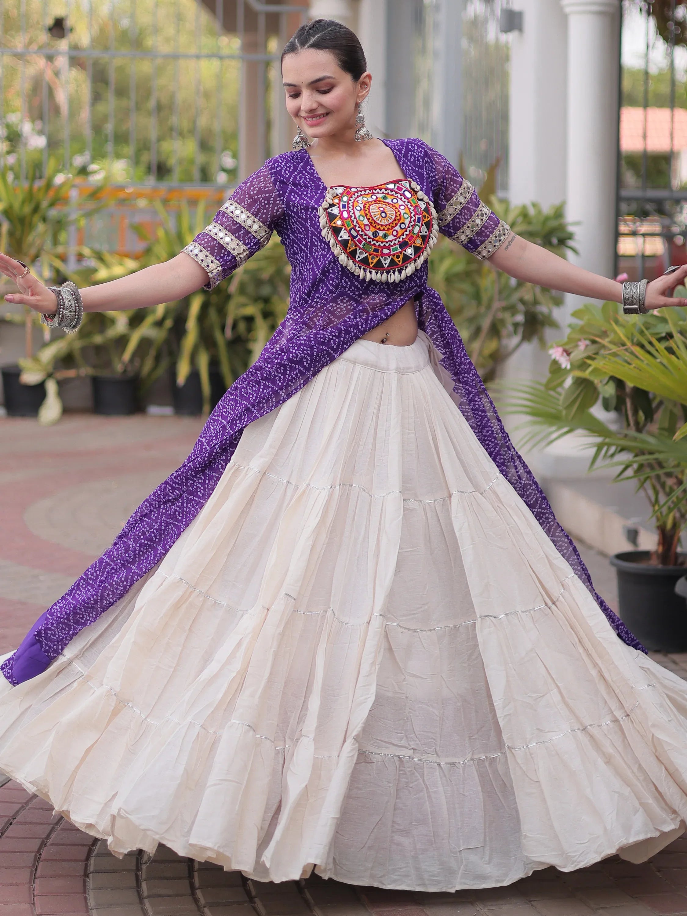 Elegant Purple Patch Work Georgette Navratri Lehenga With Kurti