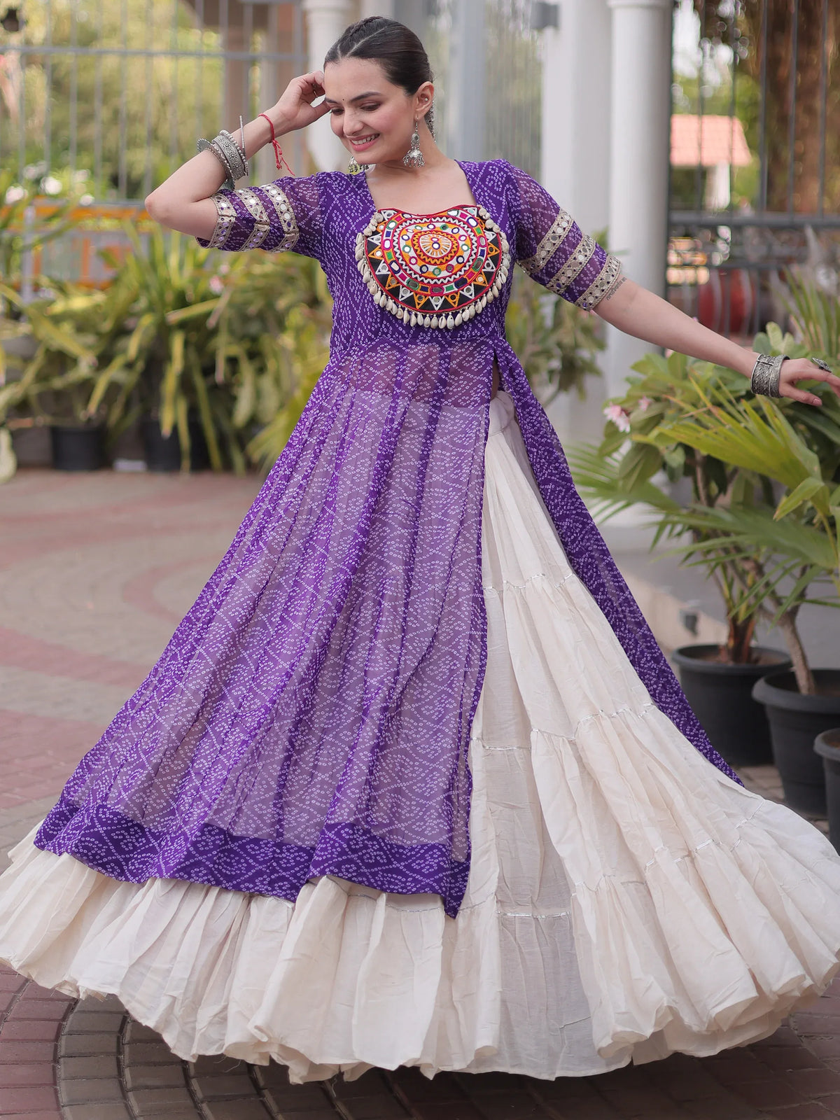 Elegant Purple Patch Work Georgette Navratri Lehenga With Kurti