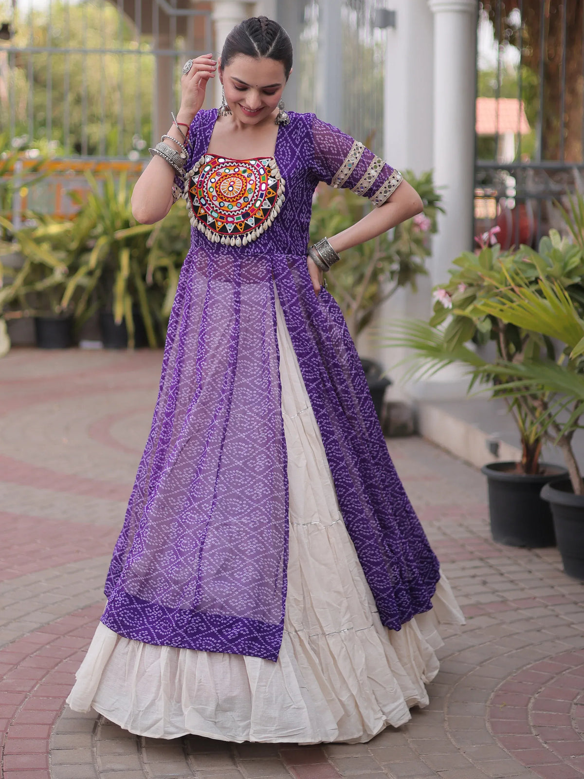 Elegant Purple Patch Work Georgette Navratri Lehenga With Kurti
