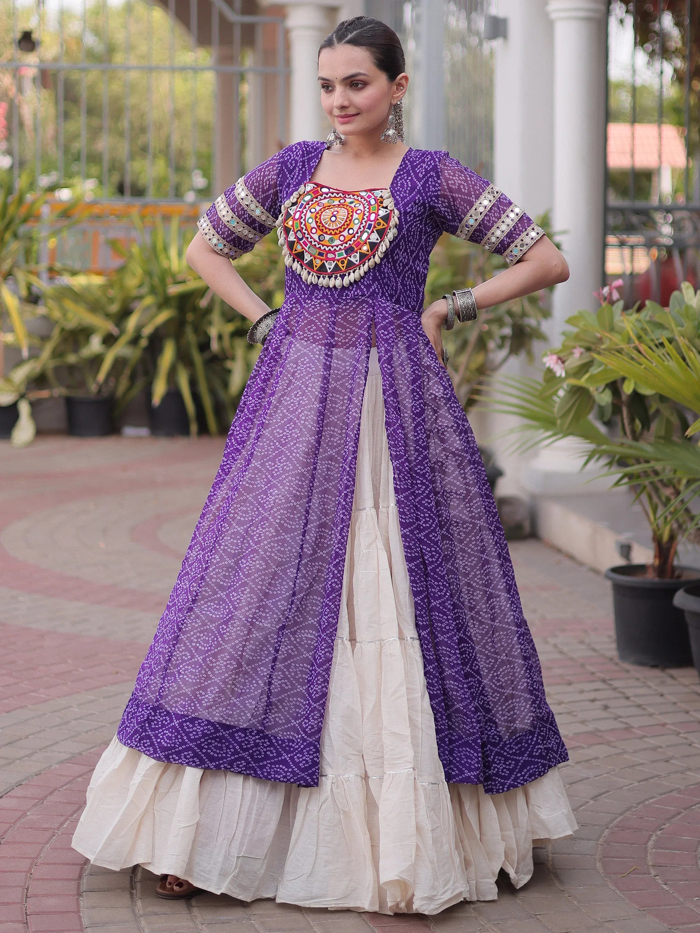 Elegant Purple Patch Work Georgette Navratri Lehenga With Kurti