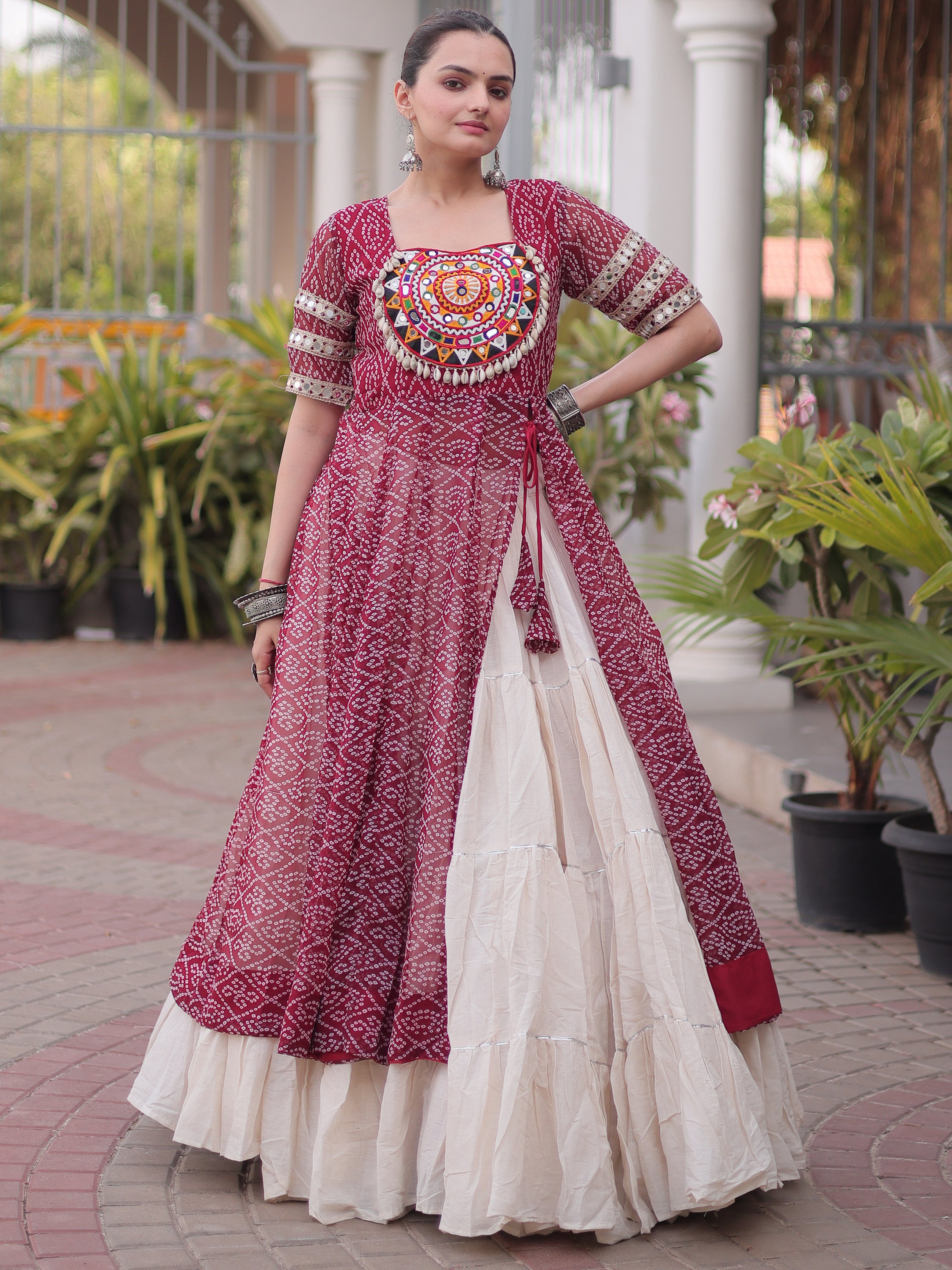 Classic Maroon Patch Work Georgette Navratri Lehenga With Kurti