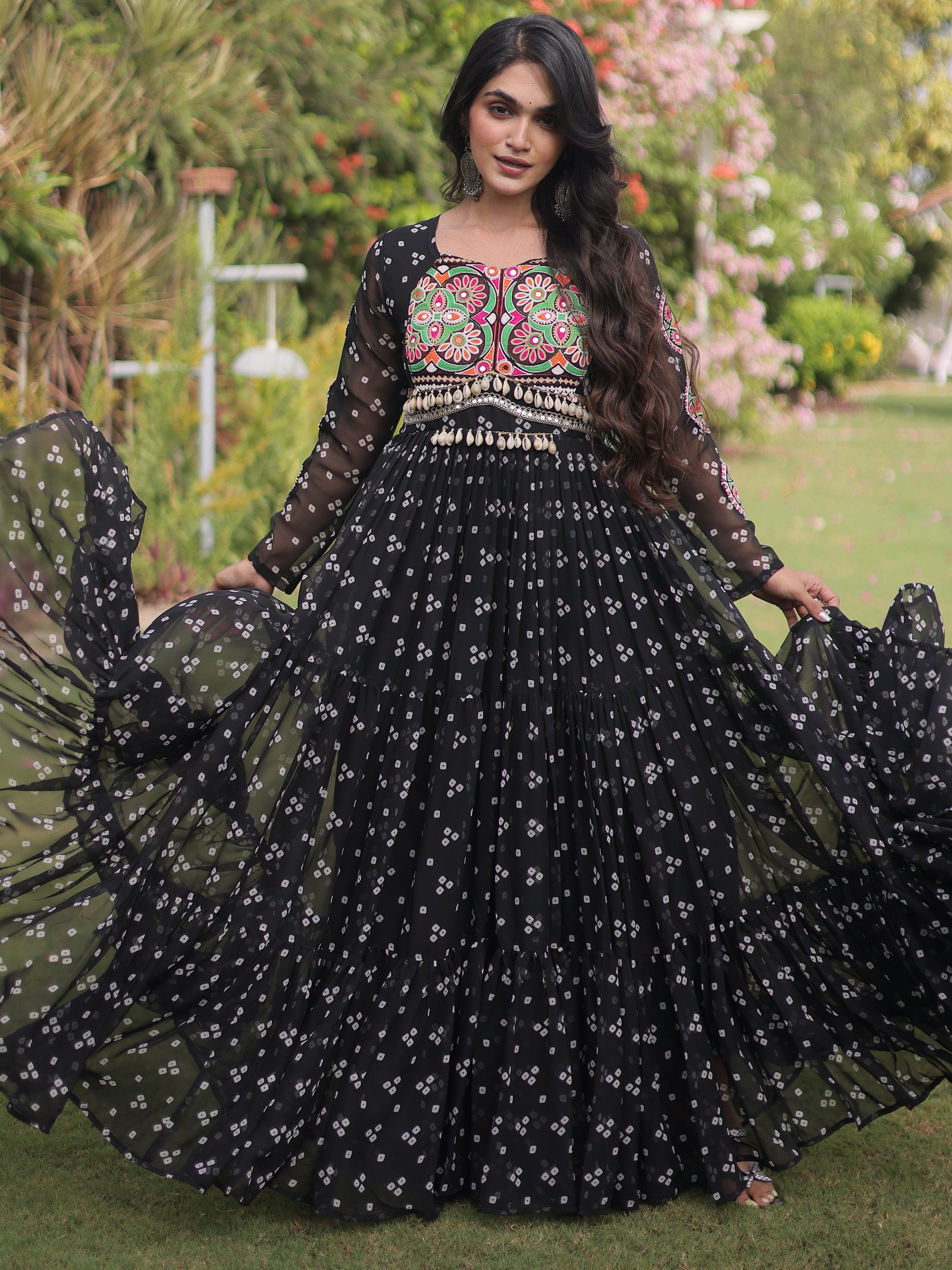 Notable Black Patch Work Georgette Festive Special Gown