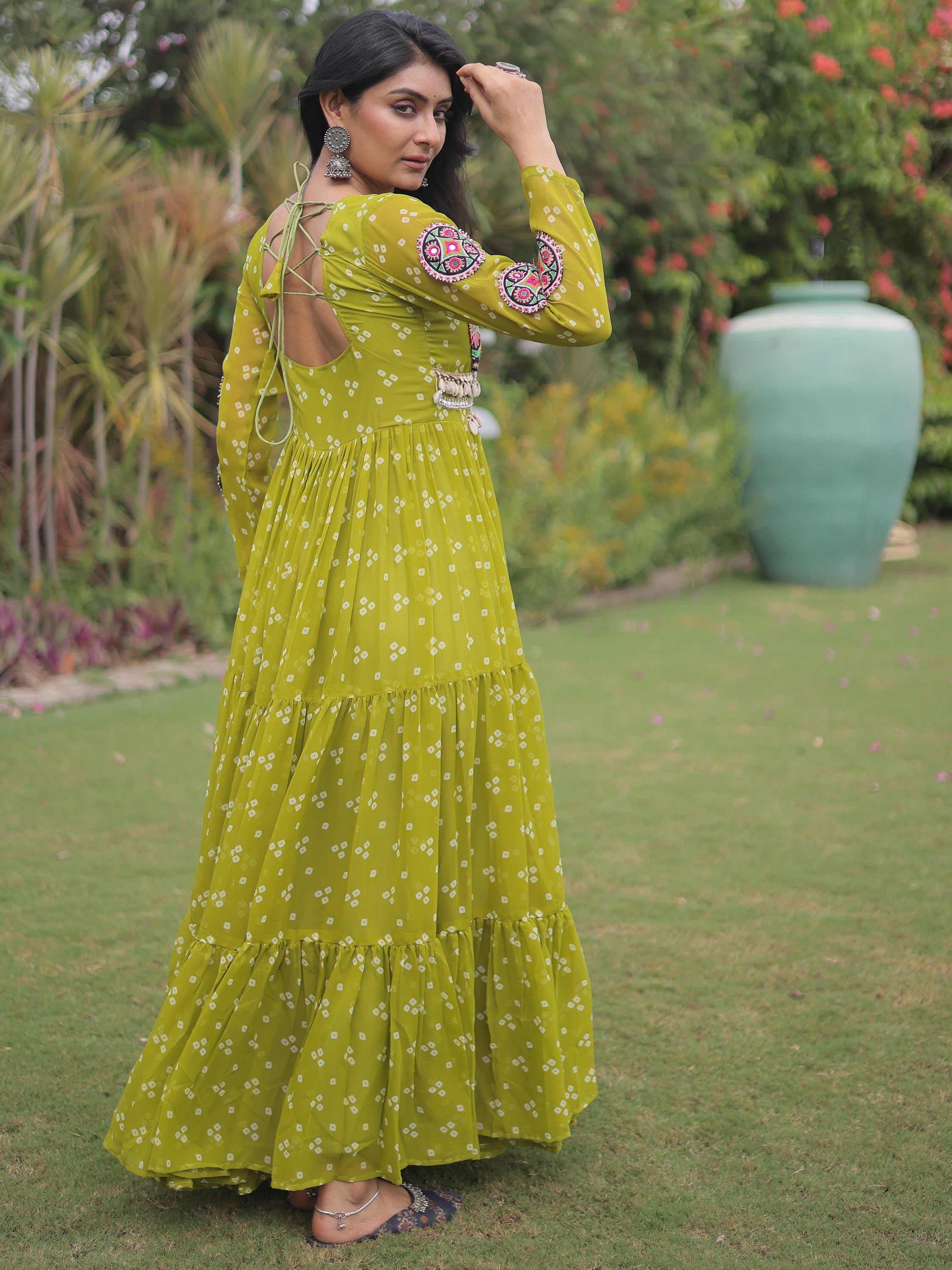 Majestic Green Bandhni Printed Georgette Navratri Special Gown