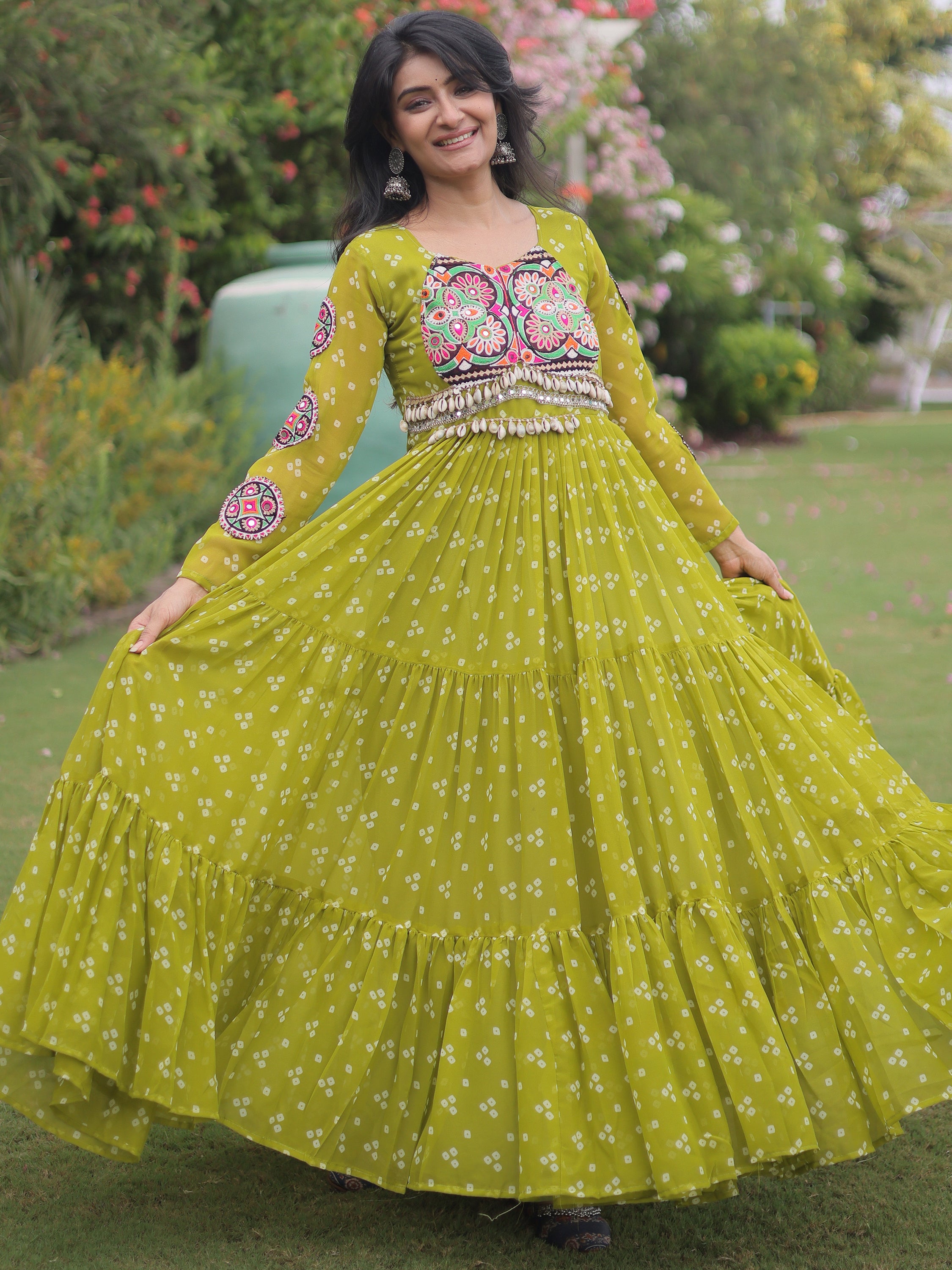 Majestic Green Bandhni Printed Georgette Navratri Special Gown